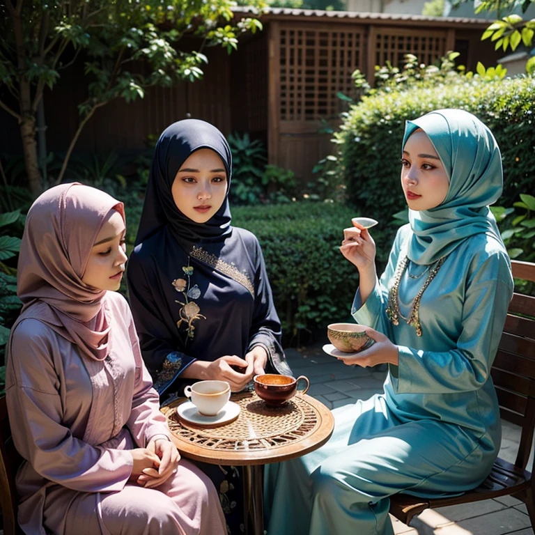 Two malay friends wearing hijabs and baju kurung , having tea in a cozy living room. Art style: Photorealistic, pastel color theme,14mm, Wide Angle and Tracking Shots, Long Takes, High Contrast cinematography effect, bright Natural Lighting, Desaturate color grading, high quality, ultra detail, 8k resolution,