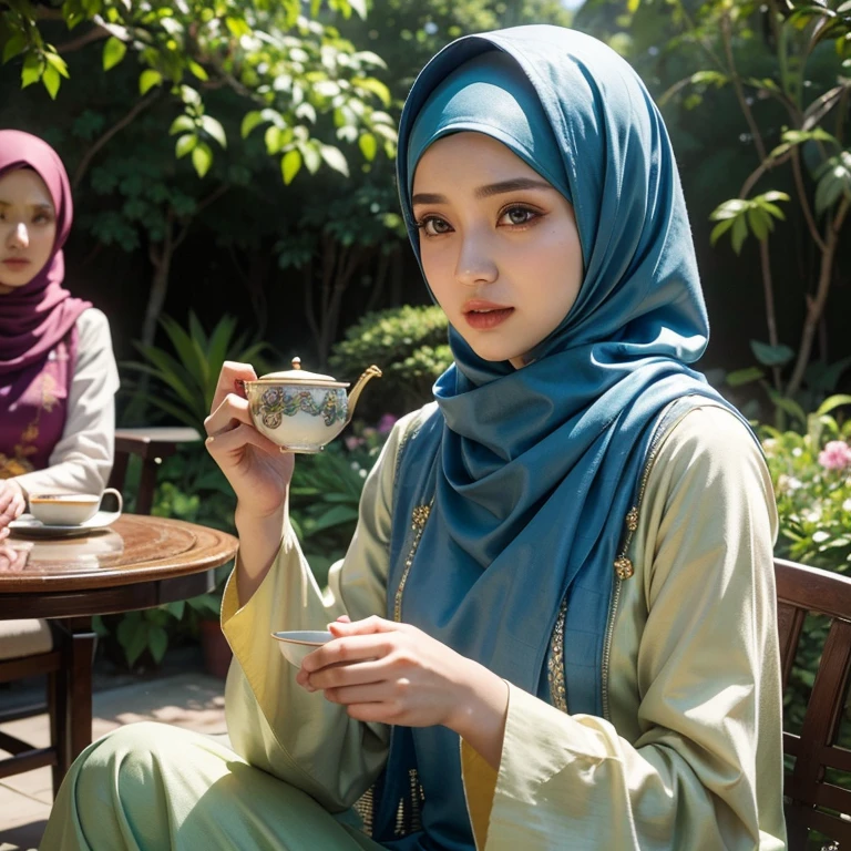 half body, a stunningly beautiful muslimah wearing hijab and malay baju kurung, having tea in a beautiful garden with her friends, 8K, absurdres, photorealistic, sharp focus, light bokeh, masterpiece, perfect beautiful face, perfect fingers, perfect body