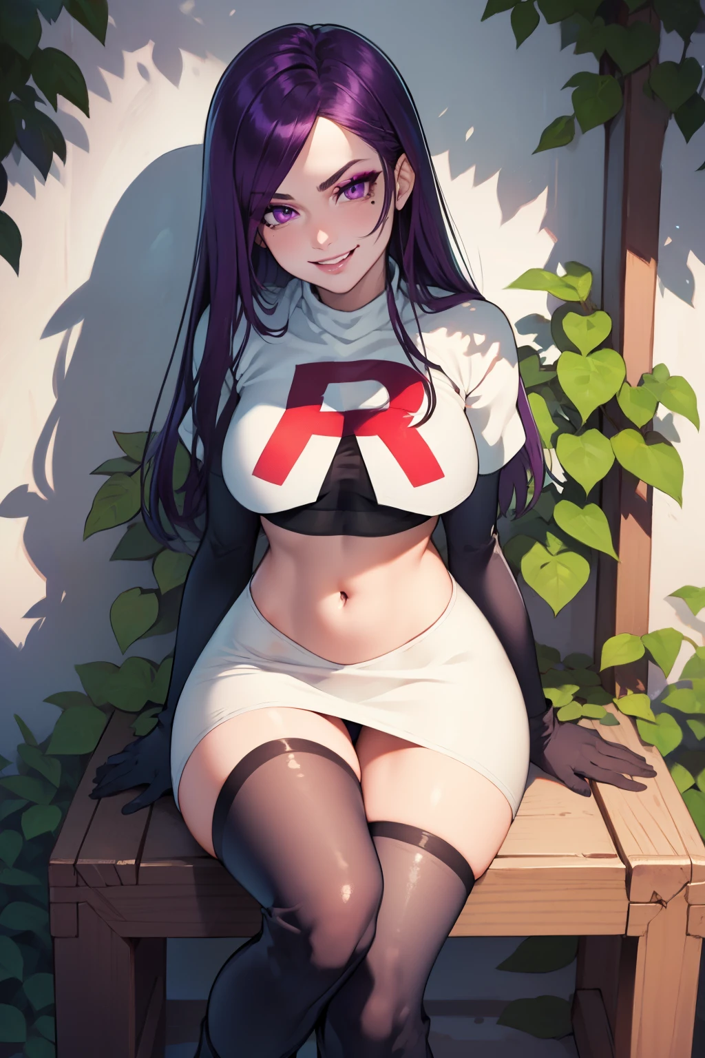 ivy fe purple eyes, purple hair, mole, lips, makeup, mole under mouth, team rocket uniform, red letter R, white skirt,white crop top,black thigh-high boots, black elbow gloves,evil smile, looking at viewer, cowboy shot, sitting down legs crossed