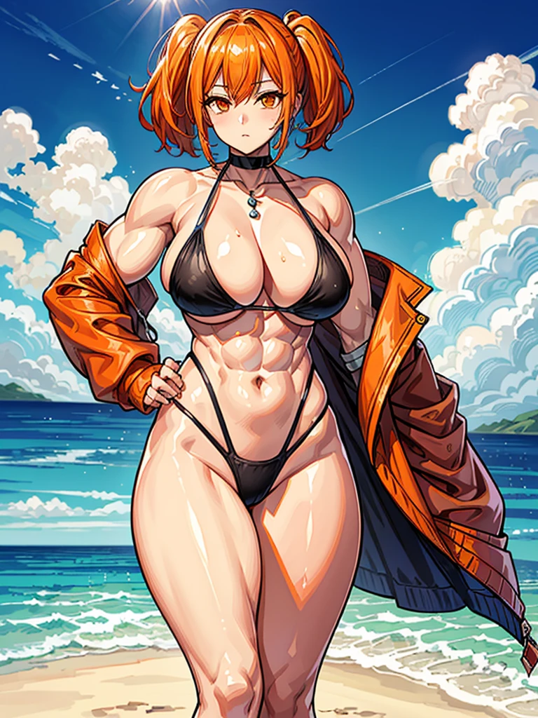 (((masterpiece、Highest image quality、highest quality、highly detailed unity 8kwallpaper)))、((Illustration of one girl))、(((beautiful girl)))、((orange hair、side pony、orange eyes))、(stocky build, thickset physique, muscular legs, broad shoulders, solid chest)、swimsuit、sandy beach