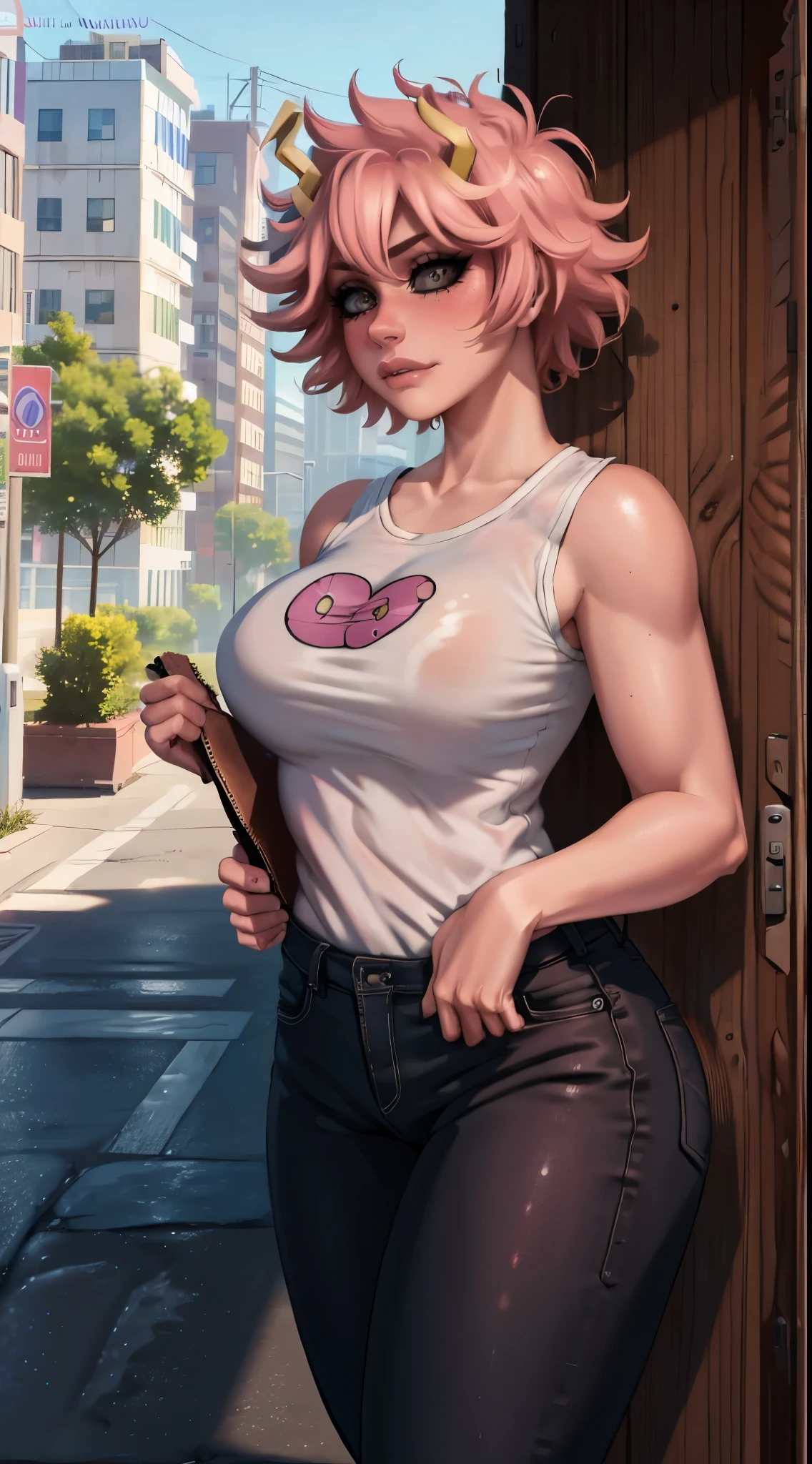 (best quality:1.3), (4k quality), 1 mature woman, Mina Ashido by boku no hero, ((Detailed face)), (blush), city, (pants leather)