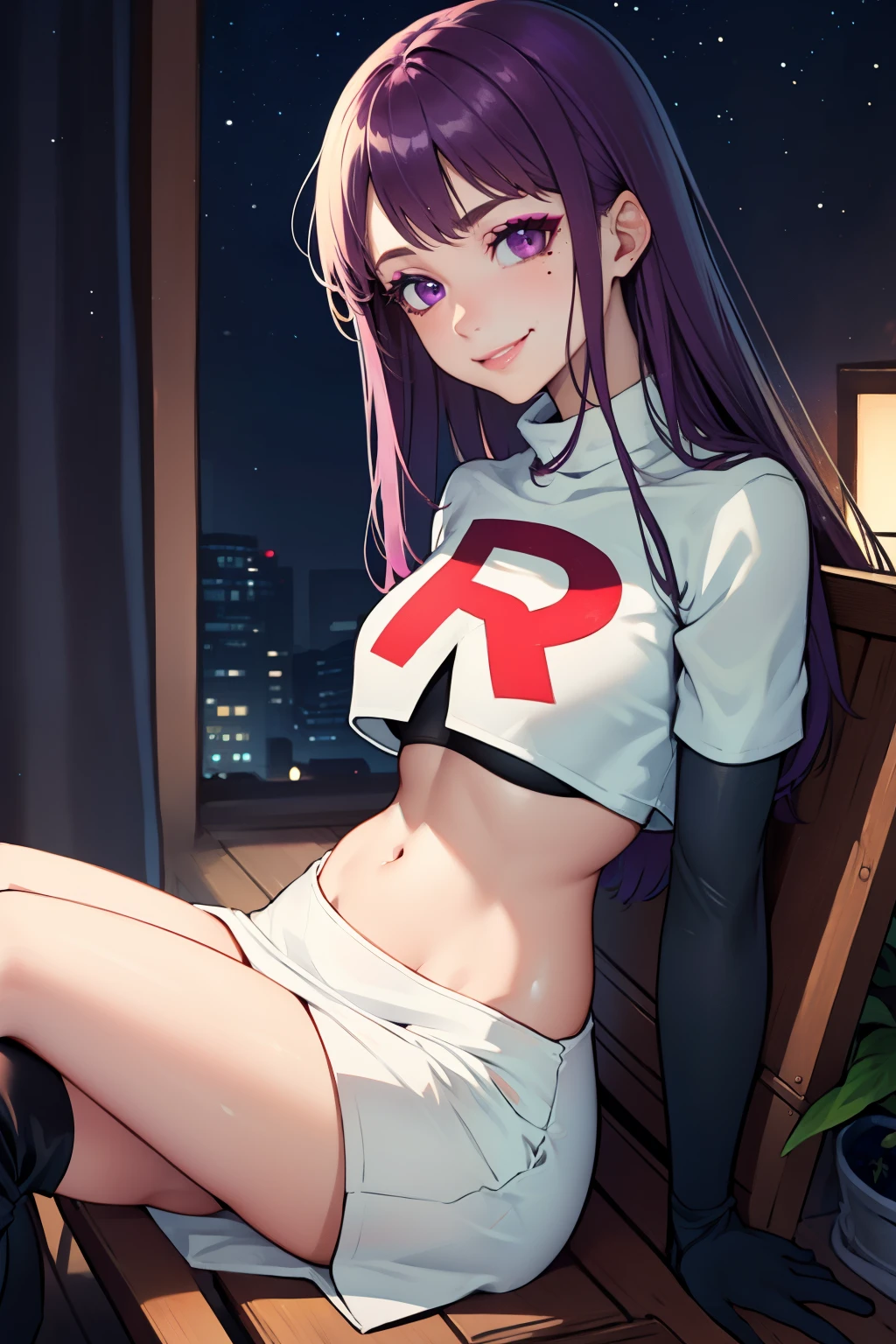 ivy fe purple eyes, purple hair, mole, lips, makeup, mole under mouth, team rocket uniform, red letter R, white skirt,white crop top,black thigh-high boots, black elbow gloves, smile, looking at viewer, cowboy shot, sitting down legs crossed, night sky background