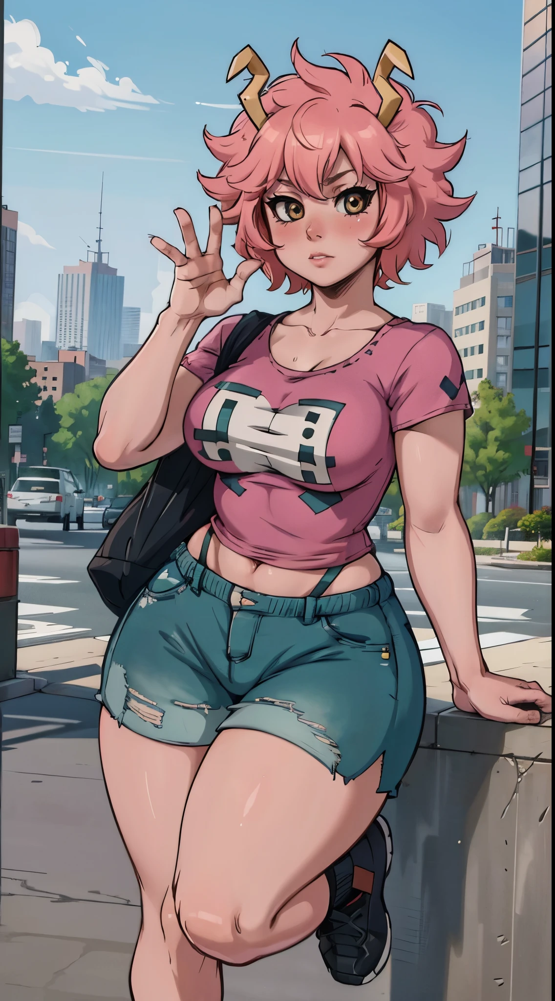 a beautiful mature woman, Mina Ashido from Boku no Hero Academia, detailed face, blushing, in a city,, with a big, attractive butt, (best quality:1.3), (4k quality), ((Detailed face)), (blush), city, ( sexy), Big ass, seios grandes  sem roupa nua transando 