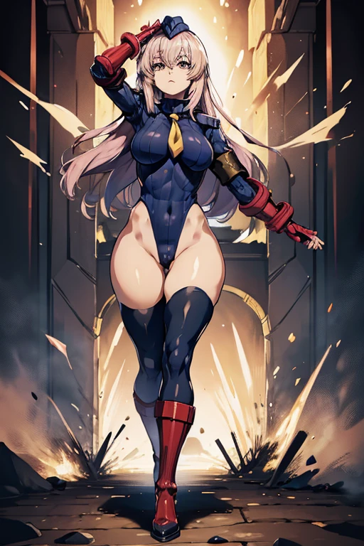 ultra-detailed, Explicit, Beautiful body, Beautiful Nose, Beautiful character design, perfect eyes, perfect face, ultra highres, 4K, beautiful legs, perfect legs, Nice hands, Perfect hand, Masterpiece, Best Quality, Highly detailed, illustration, absurdres, street fighter, doll suit, shadaloo doll, dollsuit, expressionless, blank eyes, looking at viewer, red gloves, emotionless, black latex, corrution, mind control, female combatant, full body, hypnotized, unhappy trance, full body suit, ribbed bodysuit, both arms at side, obey, perfect female body, extremely glossy latex, hypnosis, hypnoLora, empty eyes, Mind control device, poses, submissive_pose, Slave, hat, necktie, standing, standing up straight, Standing at attention, hat, yellow necktie, belt, latex, ribbed bodysuit, thighhighs, garter belt, Fighting Stance, extending the right arm from the shoulder into the air with a straightened hand, military, thigh boots, solo, blood on shirt, blood on hand, blood on clothes, blood on face, blood, blood on arm, blood on cheek, blood on leg, Classroom of the Elite, Ichinose Honami, pink blonde hair, blue eys, long hair, large breast