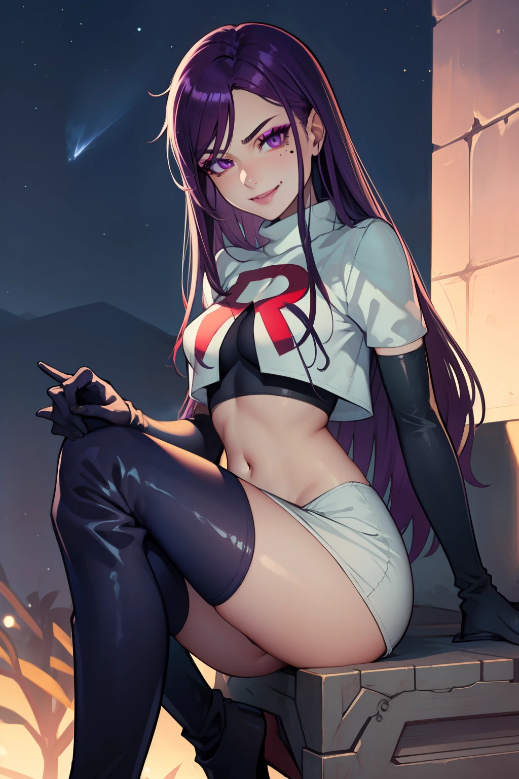 ivy fe purple eyes, purple hair, mole, lips, makeup, mole under mouth, team rocket uniform, red letter R, white skirt,white crop top,black thigh-high boots, black elbow gloves,evil smile, looking at viewer, cowboy shot, sitting down legs crossed, night sky background