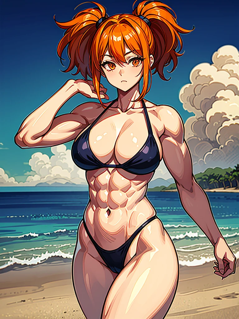 （（（masterpiece、Highest image quality、highest quality、highly detailed unity 8ｋwallpaper）））、（（Illustration of one girl））、（（（beautiful girl）））、（（orange hair、side pony、orange eyes））、（stocky build, thickset physique, muscular legs, broad shoulders, solid chest）、swimsuit、sandy beach