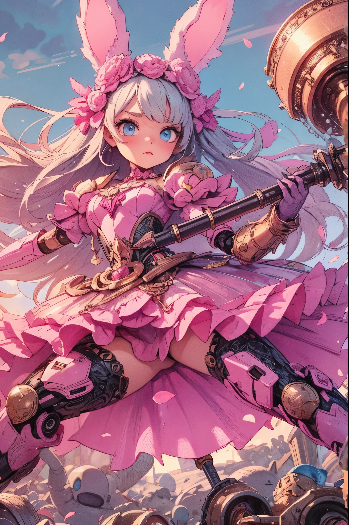 (Detailed illustrations,Very detailed and detailed drawing,Delicate lines with slow and rapid,Realistic texture expression),[Color tressed main line],(Battlefield of Fantasy World [Burning castle]),(GIRL ROBOT  (Pink rabbit [METALFACE])) [WEAPON MACHINE],(([petal] Metal Dress [frills]) [Floral pattern] [Clear pink translucent armor covering the body surface]) [ribbon]) [Energy tube glowing at the joint],[use a sledgehammer as a weapon],[[Mobile Weapon Gigant Size][Science Fiction Mechanical]],(Metallic luster at metal),(Intricate and beautiful decoration [Dense detail]),(Precisely drawn face)[Perfect eye details(Iris beautifully drawn in every detail)[Jewel-like eyes]],[long and beautiful eyelashes],[Meticulously drawn hair [More on beautiful and shiny hair]],(Perfect hand details [Beautiful fingers without breakdowns [Beautiful nails]]),(Perfect Anatomy(Perfectly proportioned))[[full body portrait]],[Ideal color coordination(Accurate simulation of light-material interactions)],[Visual art that conveys a sense of narrative].