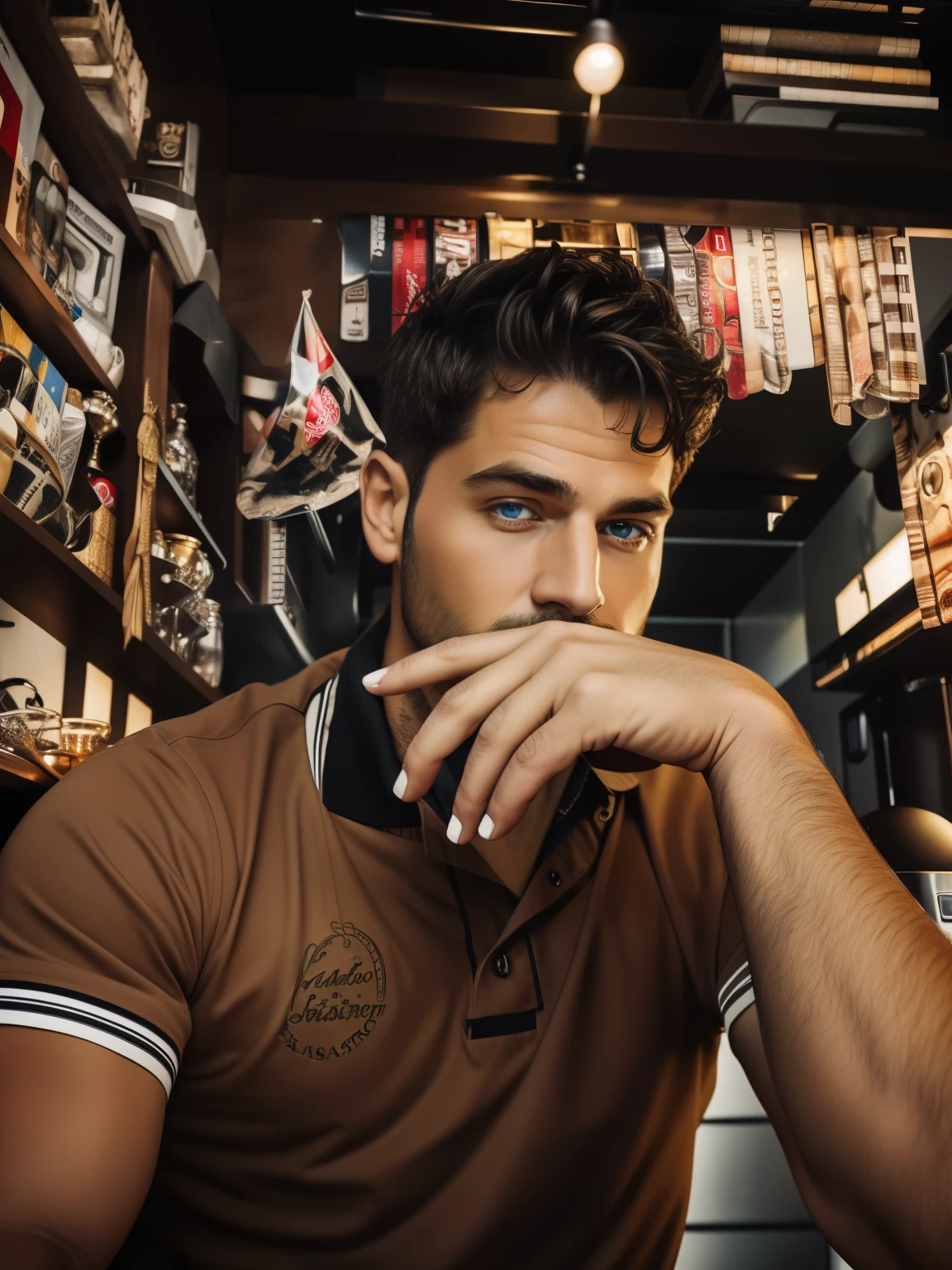 (best quality, masterpiece:1.3), finely detailed eyes and original face, coffee machine, kitchen, solo mature male, tall muscular guy, silver hair, blue eyes, silver facial hair,