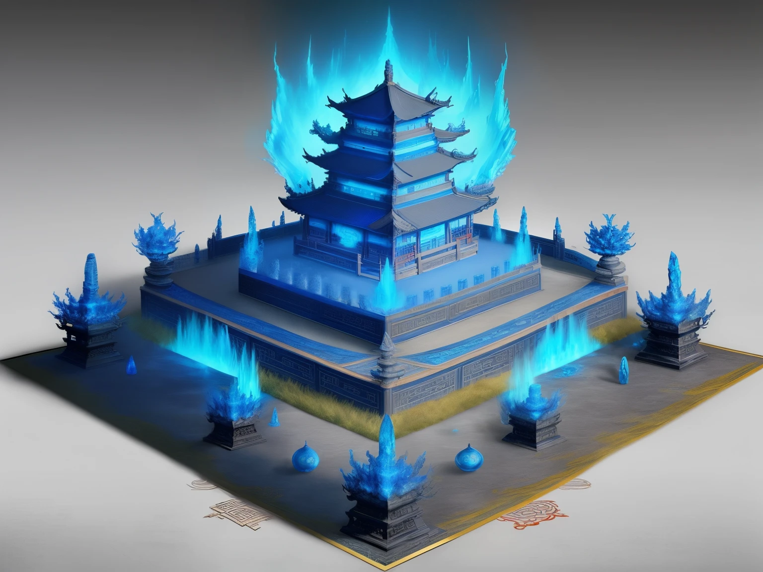 Ancient Chinese Mythology and Art，Large Xianxia Shura Field，Altar，blue ice and fire，Concept art illustration，Ink painting color blooming，Light painting rendering，Xianxia large-scale game CG scene