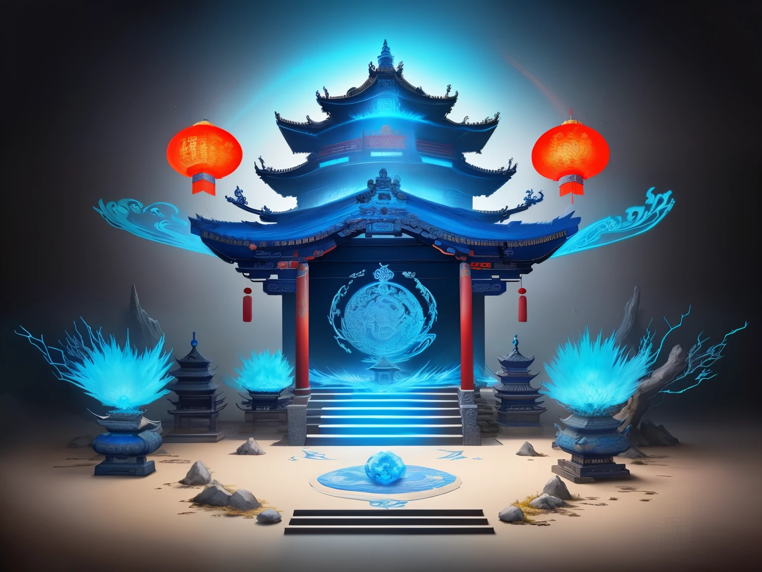 Ancient Chinese Mythology and Art,Large Xianxia Shura Field,Altar,blue ice and fire,Concept art illustration,Ink painting color blooming,Light painting rendering,Xianxia large-scale game CG scene