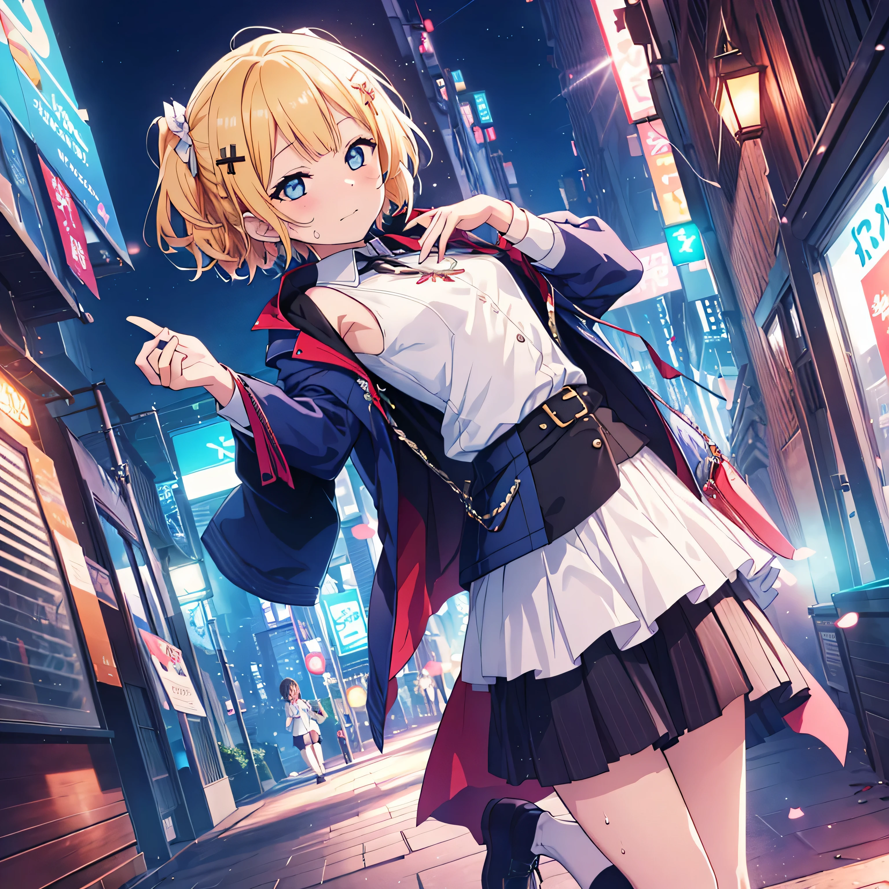 beautiful boy, {{{{{one person is depicted}}}}}, {{{{{berry berry short hair}}}}},{{{{{Anime woman with blonde side tails and blue colored eyes and a blue jacket}}}}}、Man's chest, white shirt, flat bust, Cross-dressing man, black knee socks,Women&#39;s clothing for men, small breasts, フラット anime styleのシェーディング, anime styleで、pixiv、anime styleのポートレート、tall、きれいで詳細なanime style、anime style、anime style、through the background、(official art、{{{{{full body angle}}}}},best quality、Unity 8k wallpaper、At 32K、masterpiece、Super detailed、ultra high resolution, real、Grabbing the hair with both hands, photorealistic:1.2)、(cinematic lighting:1.2)、lovelive!, Angle looking down from above,excited look,perfect skeleton,perfect human medicine,Sweat ,embarrassing,