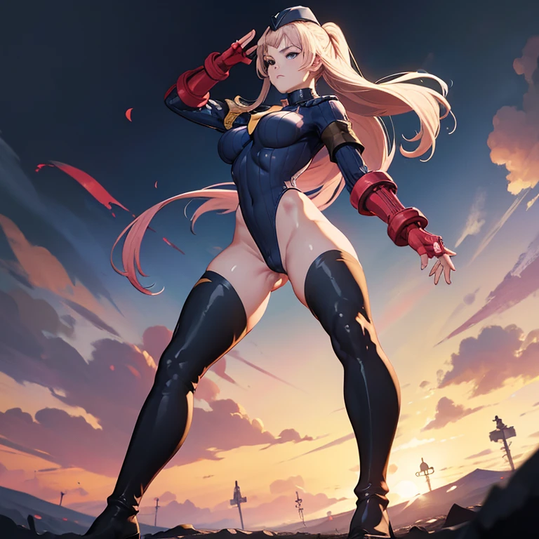 ultra-detailed, Explicit, Beautiful body, Beautiful Nose, Beautiful character design, perfect eyes, perfect face, ultra highres, 4K, beautiful legs, perfect legs, Nice hands, Perfect hand, Masterpiece, Best Quality, Highly detailed, illustration, absurdres, street fighter, doll suit, shadaloo doll, dollsuit, expressionless, blank eyes, looking at viewer, red gloves, emotionless, black latex, corrution, mind control, female combatant, full body, hypnotized, unhappy trance, full body suit, ribbed bodysuit, both arms at side, obey, perfect female body, extremely glossy latex, hypnosis, hypnoLora, empty eyes, Mind control device, poses, submissive_pose, Slave, hat, necktie, standing, standing up straight, Standing at attention, hat, yellow necktie, belt, latex, ribbed bodysuit, thighhighs, garter belt, Fighting Stance, extending the right arm from the shoulder into the air with a straightened hand, military, thigh boots, solo, blood on shirt, blood on hand, blood on clothes, blood on face, blood, blood on arm, blood on cheek, blood on leg, Classroom of the Elite, Ichinose Honami, pink blonde hair, blue eyes, long hair, large breast