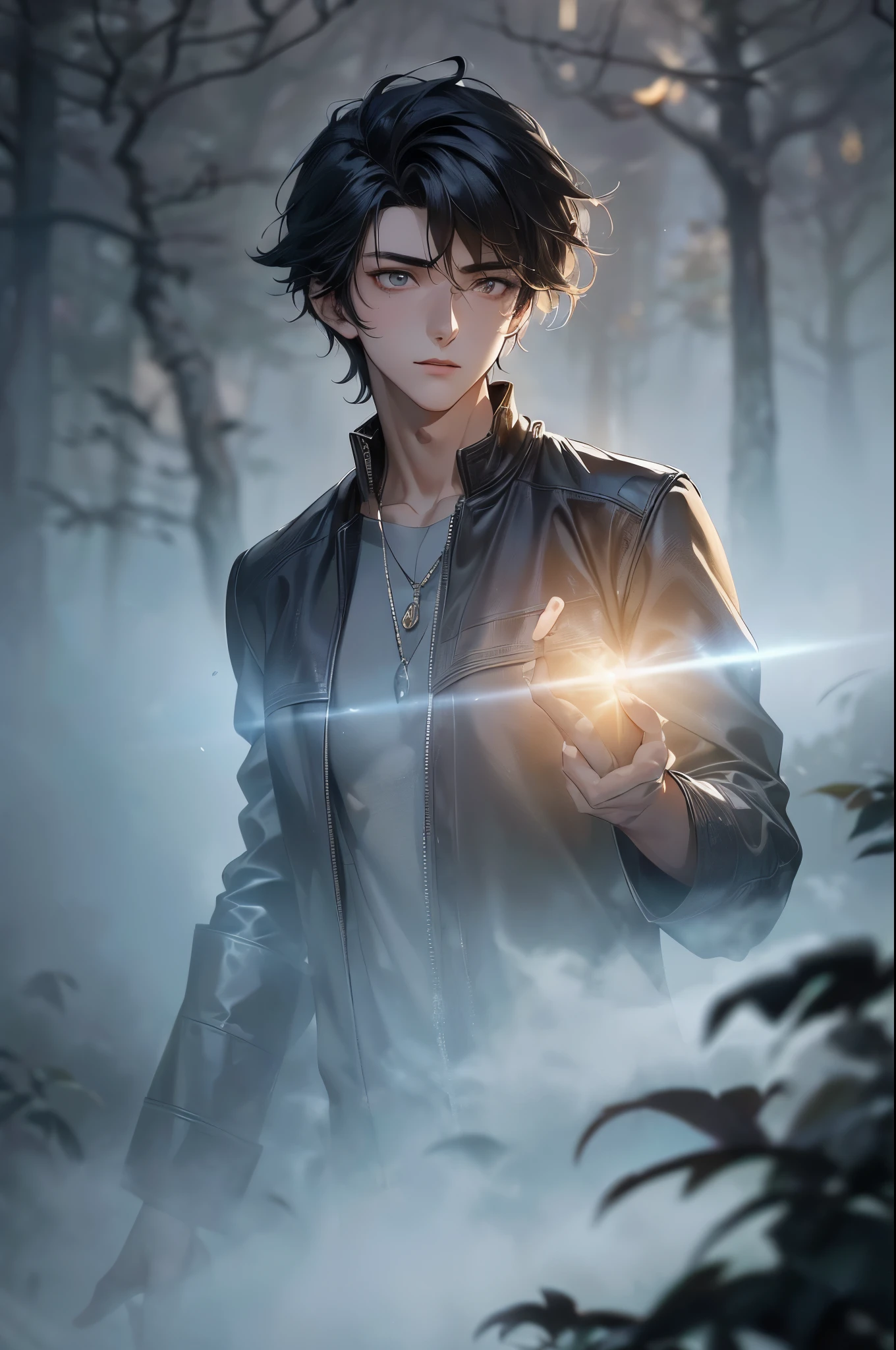 (handsome) .(a young male teenager look up the giant world tree in the foggy), Chinese sytle. (((heavy fog))), open eyes, dark view, ((anime and real style)), (((first -personal view,)))cinematic lighting, depth of field, glowing light, ray tracing, vignetting, ((wide shot)), masterpiece, textured skin, anatomically correct, best quality, high details, HD