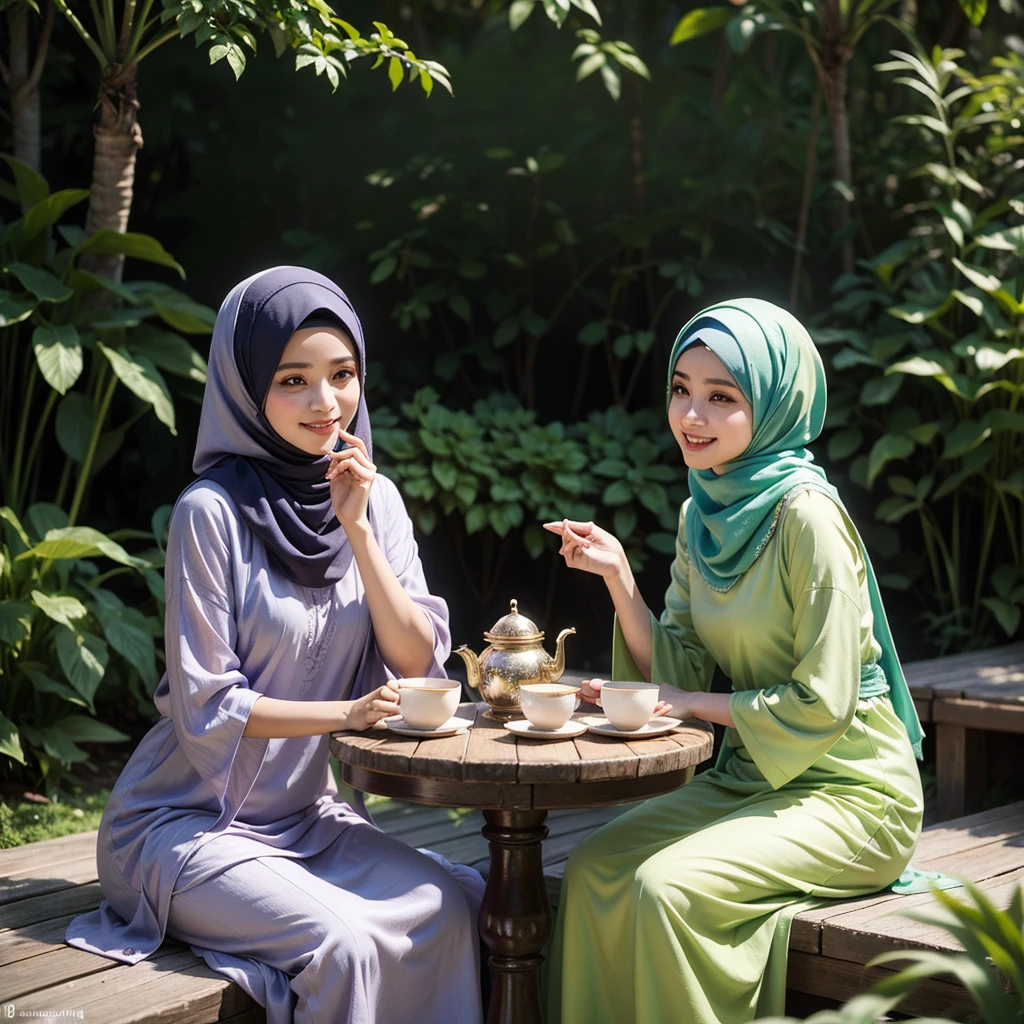 half body, a stunningly beautiful muslimah wearing shawl and malay baju kurung, having tea in a beautiful garden with a man, smiling happlily, 8K, absurdres, photorealistic, sharp focus, light bokeh, masterpiece, perfect beautiful face, perfect fingers, perfect body