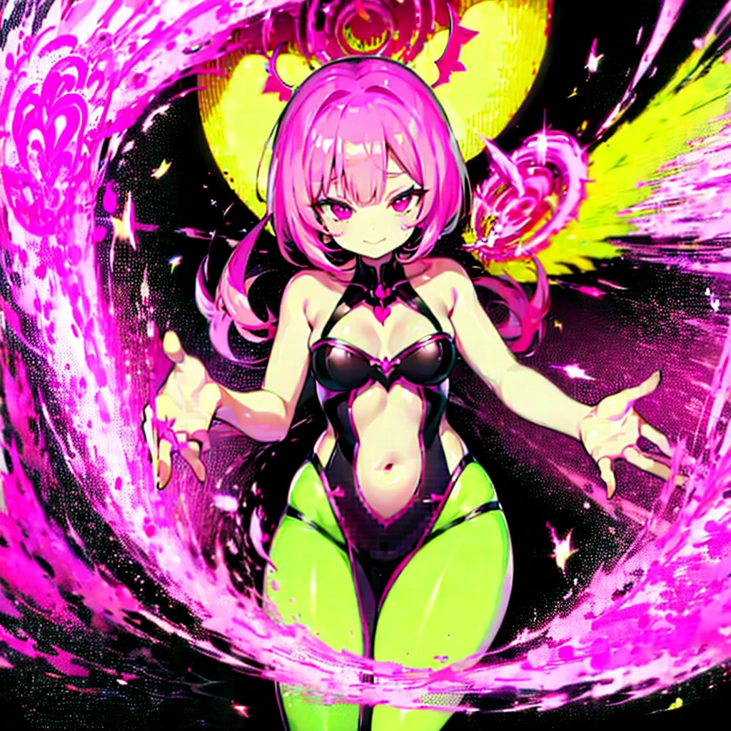 Succubus pose of temptation erotic body cute face fascinating face pose with arms outstretched heart mark slight smile pink hair eyes are hearts 4-arm charm magic Angle from above