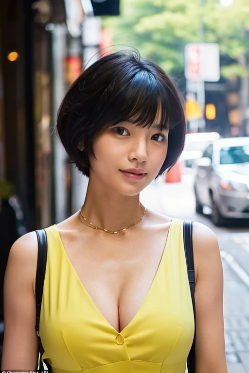 Wearing clothes that emphasize your cleavage、A beautiful woman with a short cut who cooks