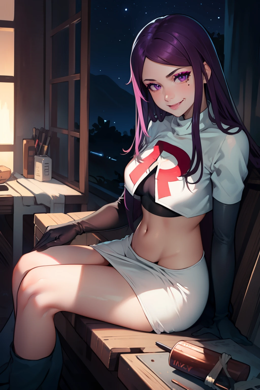 ivy fe purple eyes, purple hair, mole, lips, makeup, mole under mouth, team rocket uniform, red letter R, white skirt,white crop top,black thigh-high boots, black elbow gloves, smile, looking at viewer, cowboy shot, sitting down legs crossed, night sky background