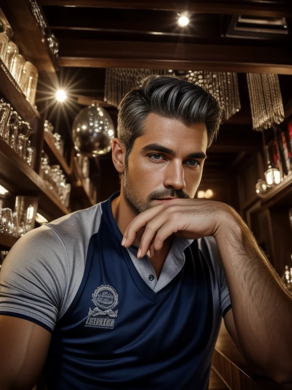 finely detailed eyes, solo mature male, tall muscular guy, silver hair, blue eyes, silver facial hair,