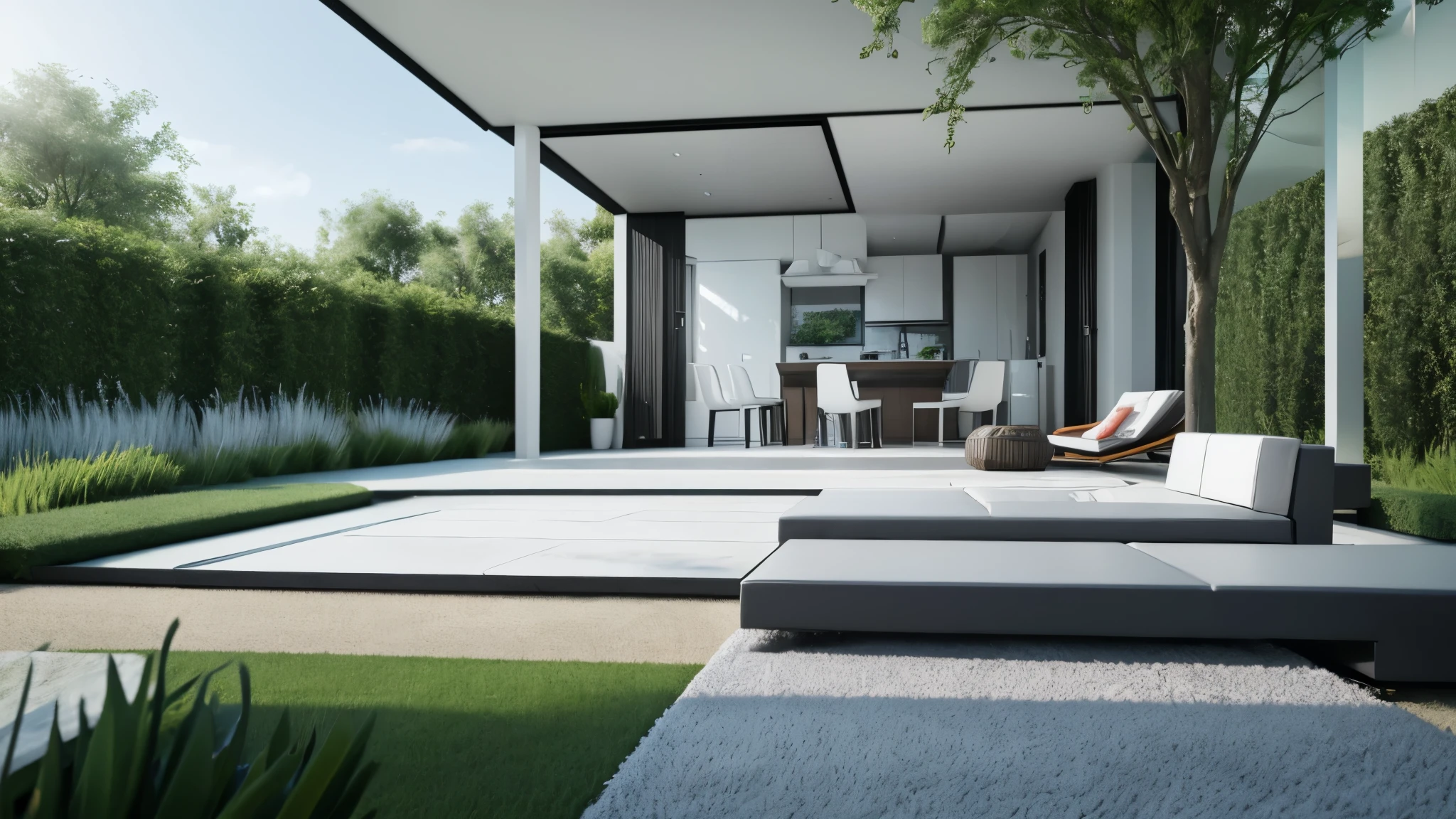 You are a famous interior designer、You have been asked to create a 3D image of a modern large room. Create a harmonious environment with modern and minimalist furniture. Including garden interior.