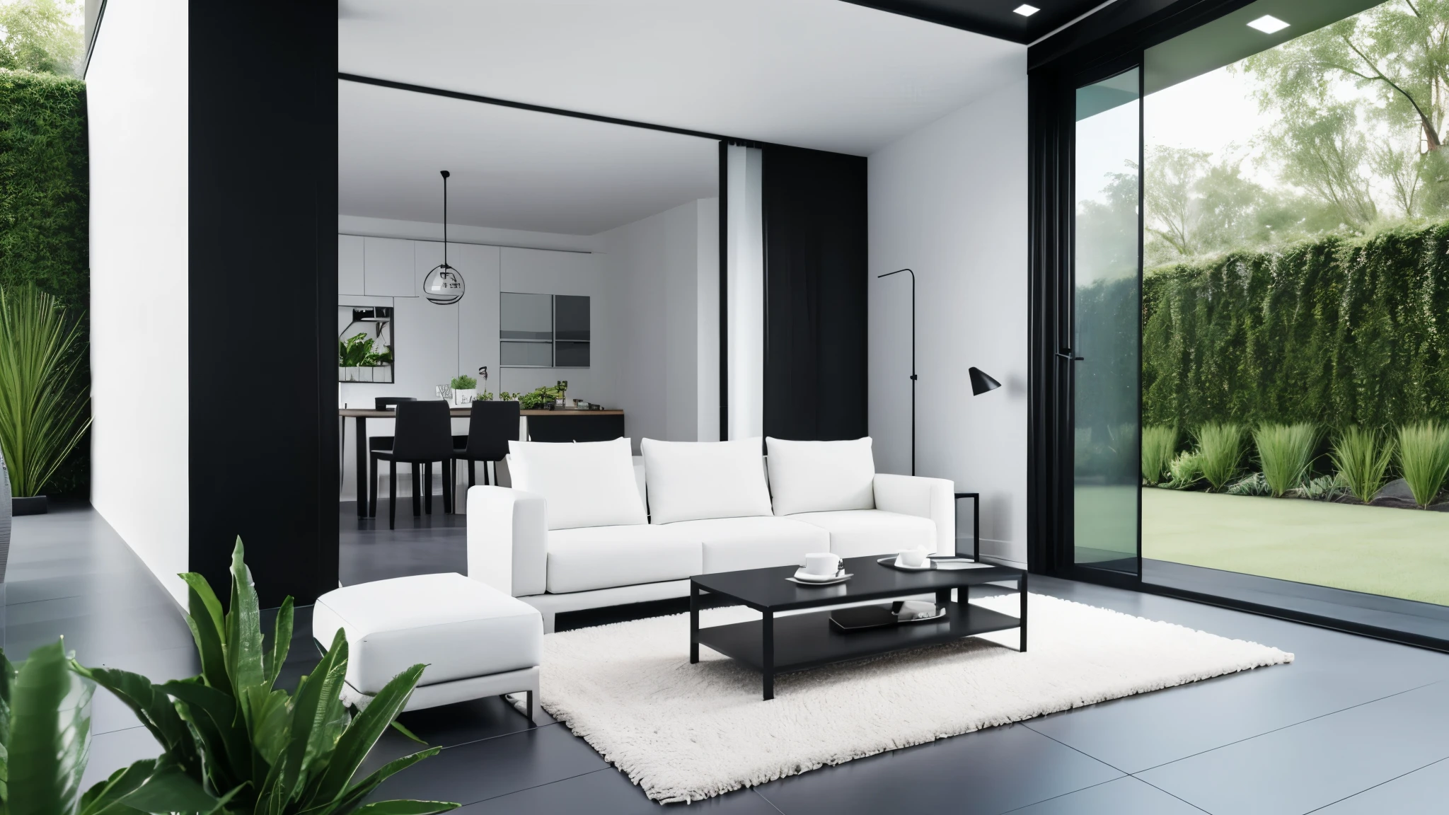 You are a famous interior designer、You have been asked to create a 3D image of a modern large room. Create a harmonious environment with modern and minimalist furniture. Including garden interior.