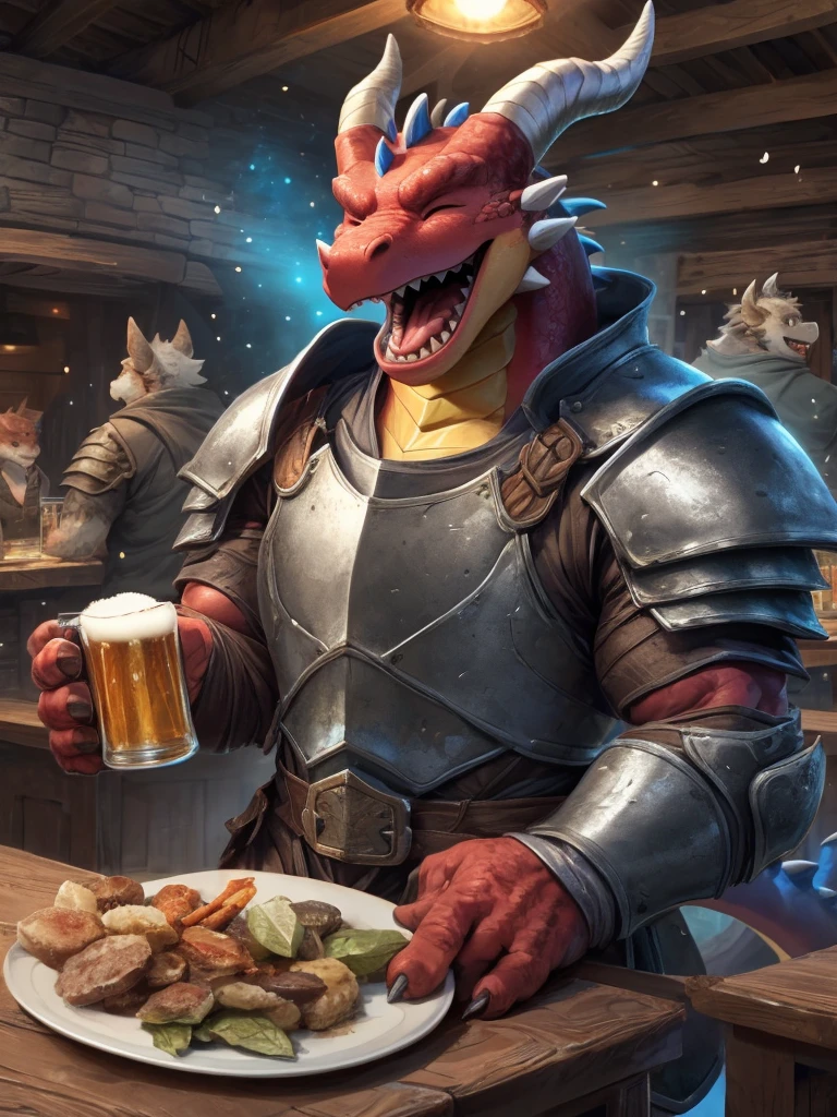 solo, male, adventurer, (male anthro dragon:1.3), (red body:1.1), yellow belly, (standing:1.3), (kemono:1.2), (tavern:1.23), heavy armor, (plate armor), (laugh:1.3), eyes closed, open mouth, tongue, (beer), detailed eyes, dragon tail, horn, (bust portrait), (detailed eyes), (indoors:1.35), table, bar counter, food, dnd, crowd, (dark:1.4), (particles ,firefly, blue glowing:1.3), detailed background, 8k hd, (dark shadows, wide dynamic range, hdr, low light:1.2), by Pino Daeni, canyne khai, milkytiger1145, (bara), [dagasi, yupa]