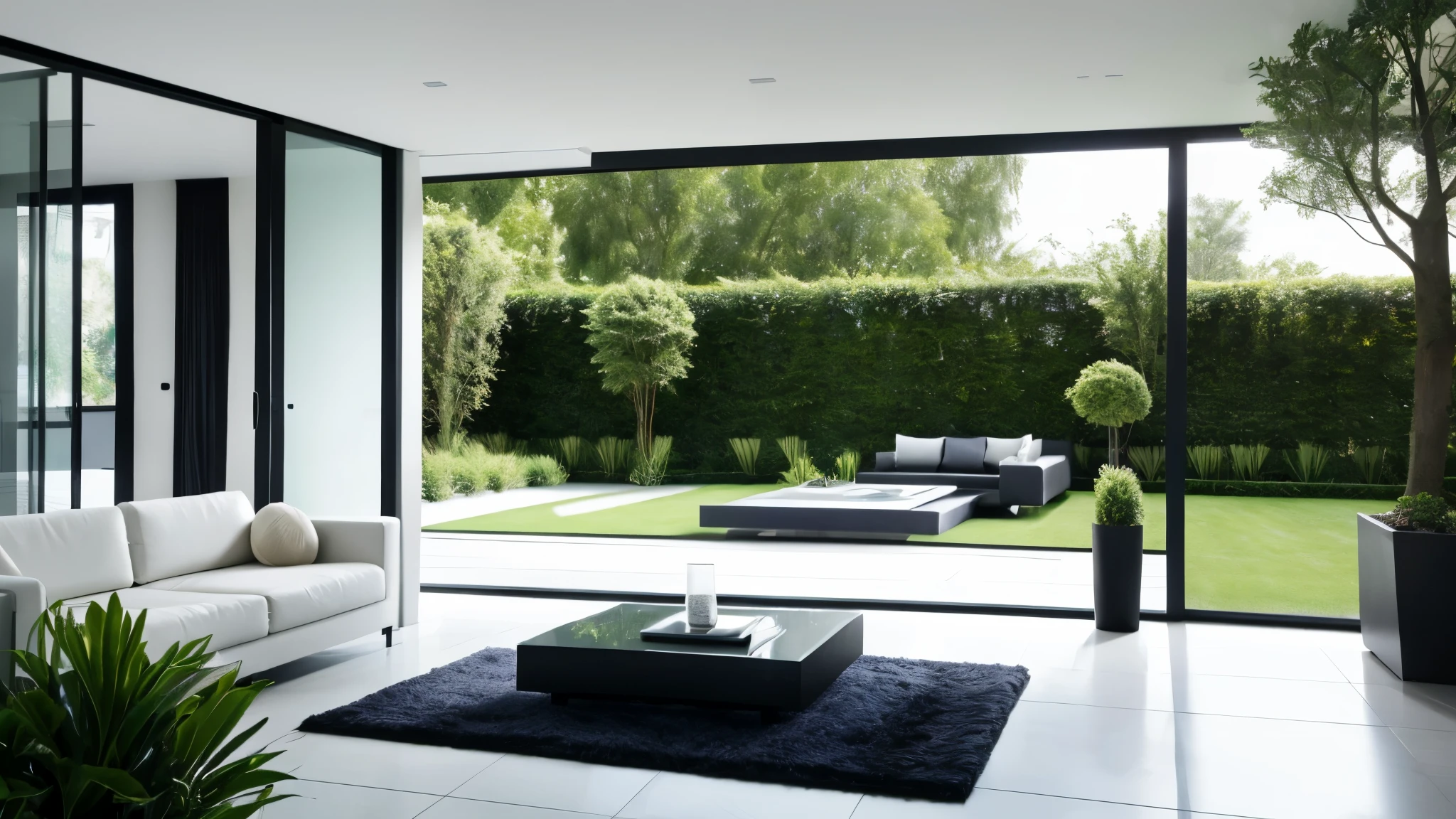 You are a famous interior designer、You have been asked to create a 3D image of a modern large room. Create a harmonious environment with modern and minimalist furniture. Including garden interior.