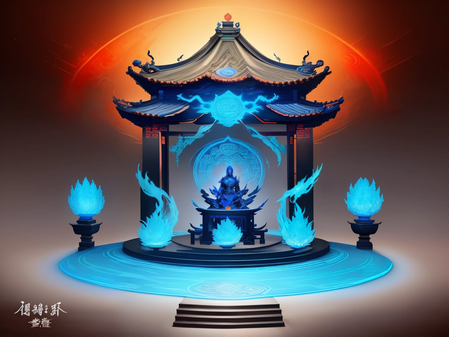Ancient Chinese Mythology and Art，Large Xianxia Shura Field，Altar，blue ice and fire，lotus pedestal，Concept art illustration，Ink painting color blooming，Light painting rendering，Xianxia large-scale game CG scene