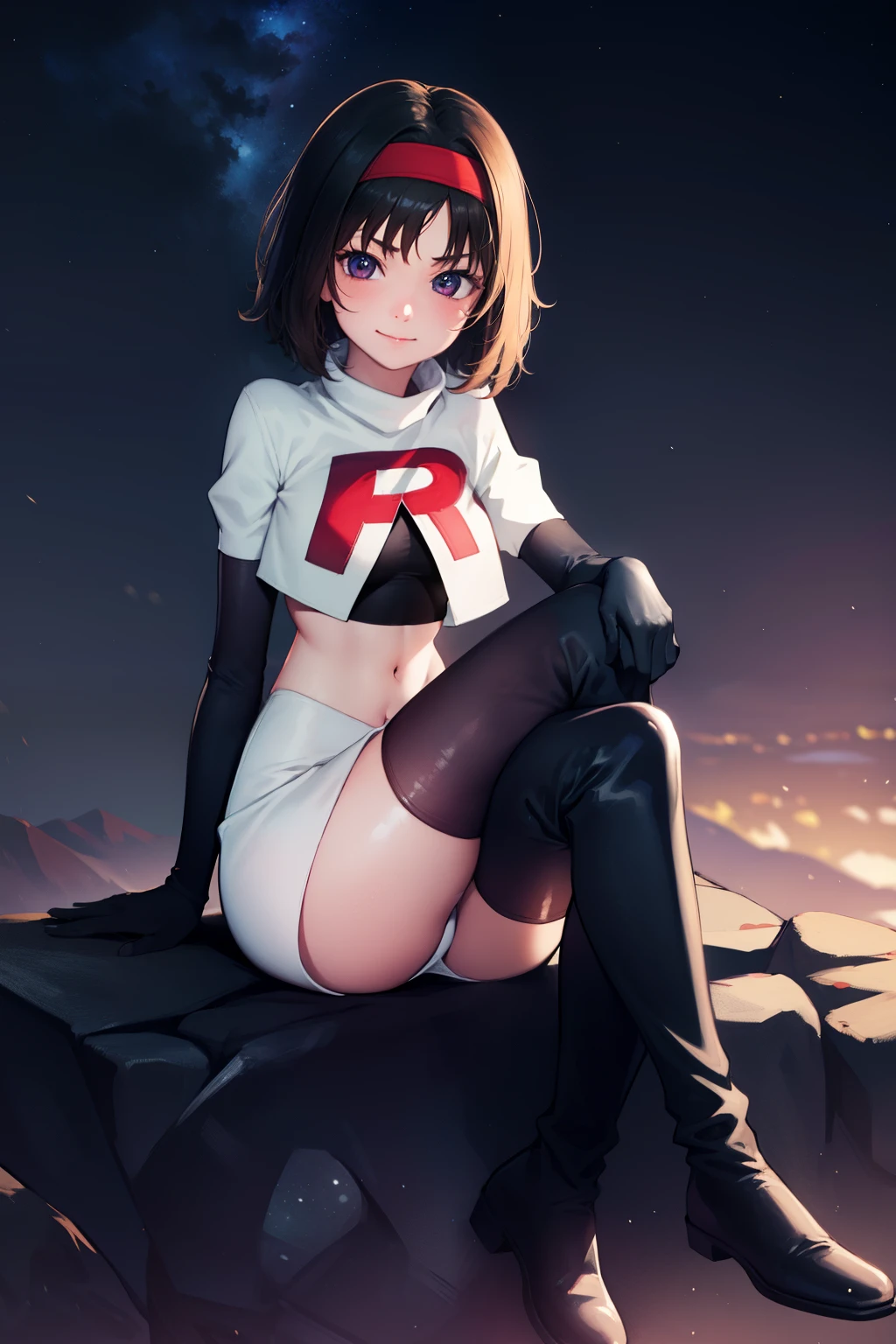 Erik, headband, team rocket uniform, red letter R, white skirt,white crop top,black thigh-high boots, black elbow gloves, smile, looking at viewer, cowboy shot, sitting down legs crossed, night sky background