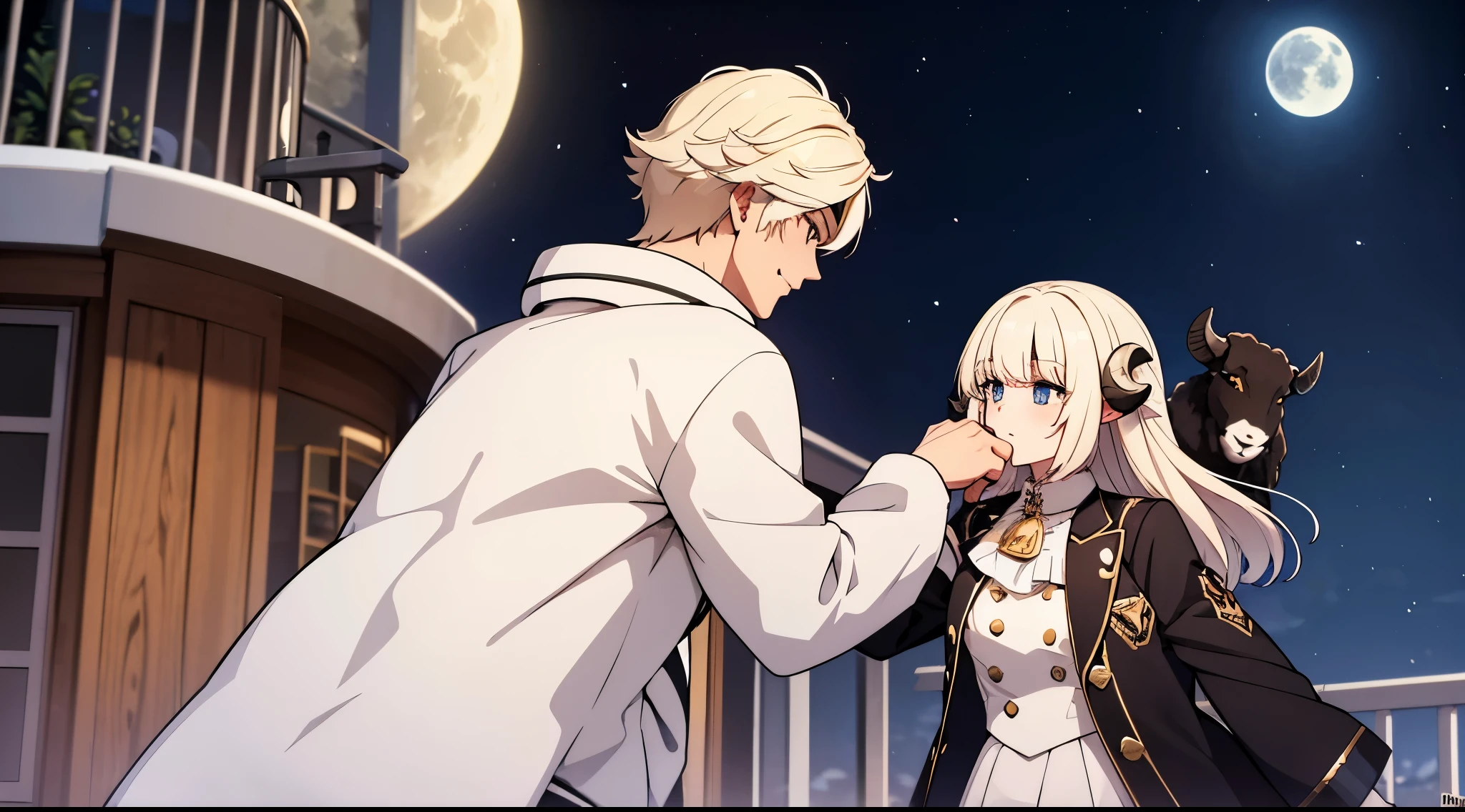 sheep horn，Two humanoid sheep boy and girl couple fighting against the black goat demon，night，moon，sheep head，boy girl couple，cure，white sheep，One man and one woman，boy girl，Handsome boy with white hair，Girl sweet blonde hair