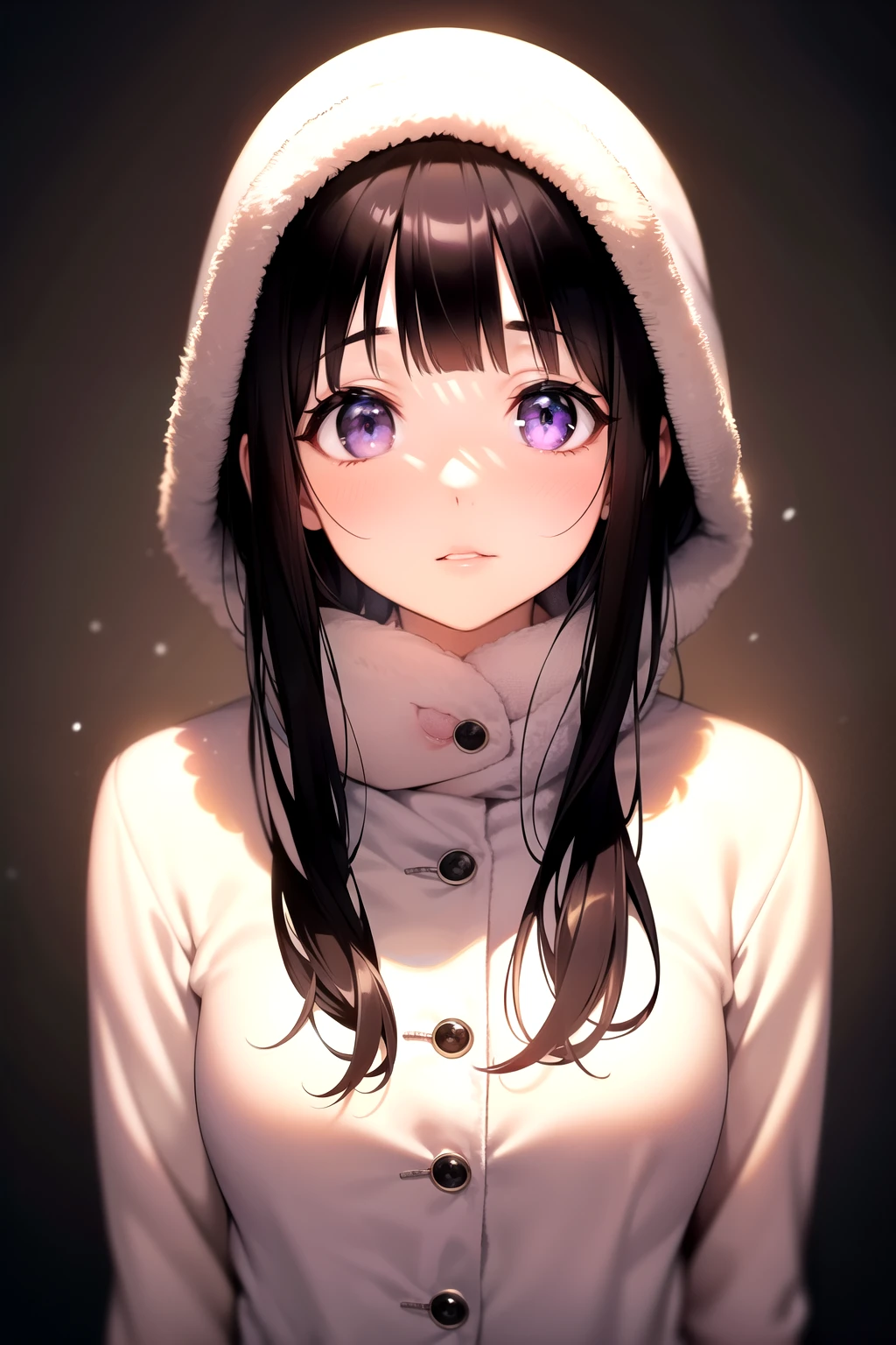 (A superb exquisite Chitanda Eru), (mature face), (((half-body))), purple eyes, long black hair, natural straight hair, straight bangs, solo, [Small_breasts: large_breasts: 0.5], (winter clothes, winter vibes), normal breasts, extremely delicate, peerless beautiful girl, dreamy quality, exaggerated facial features, solid color, delicate face, bright lips, slender waist, straight curves, soft lights and shadows, super fine, 8K HD, (masterpiece:1.4), (finely detailed beautiful eyes: 1.2)