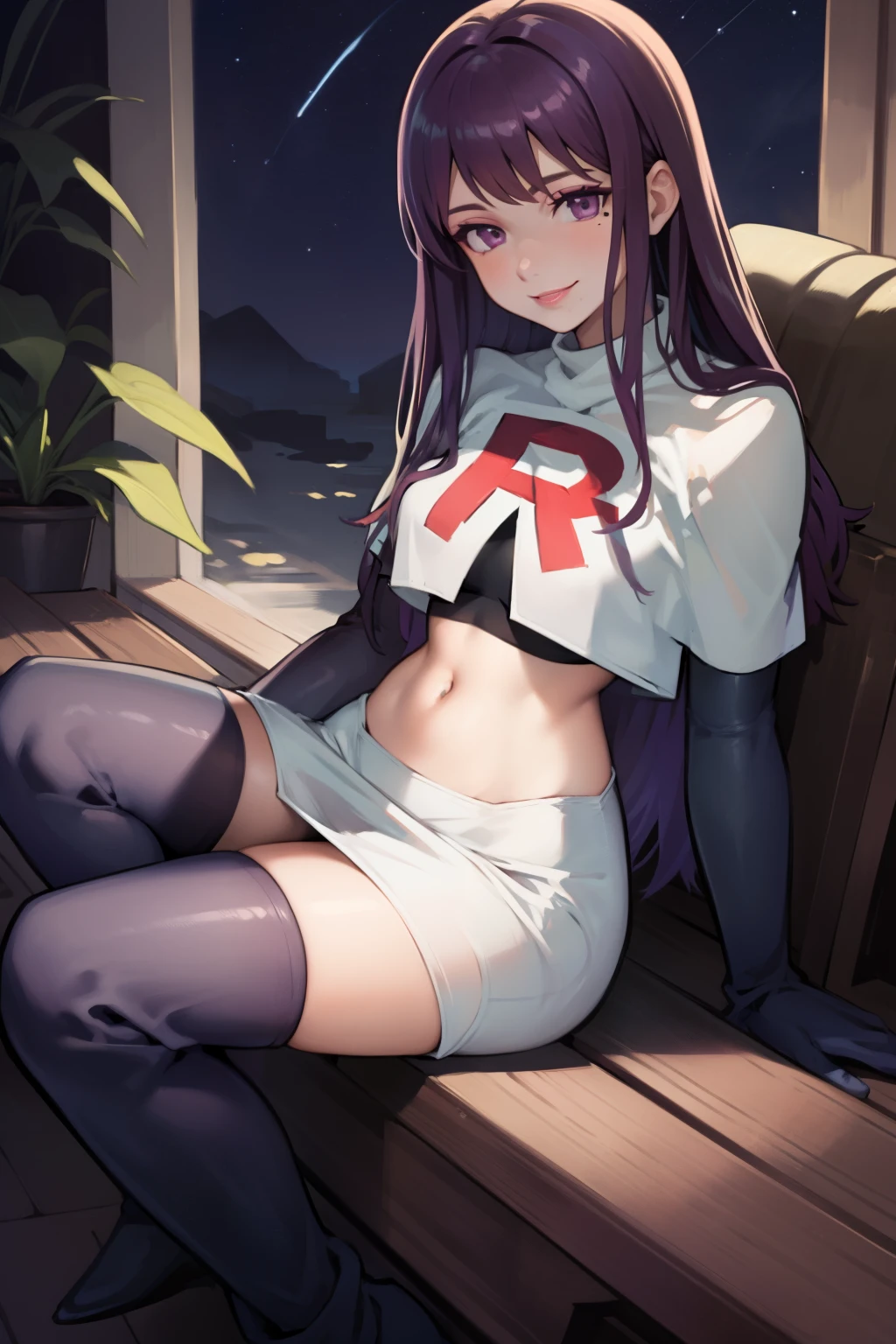 ivy fe purple eyes, purple hair, mole, lips, makeup, mole under mouth, team rocket uniform, red letter R, white skirt,white crop top,black thigh-high boots, black elbow gloves, smile, looking at viewer, cowboy shot, sitting down legs crossed, night sky background