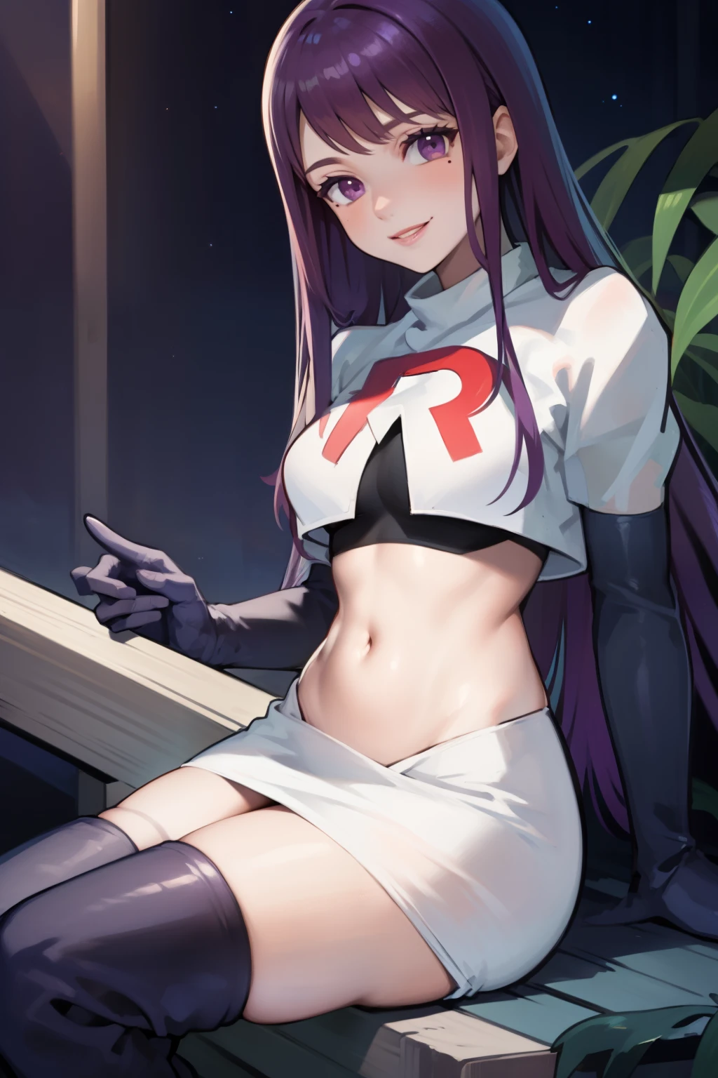 ivy fe purple eyes, purple hair, mole, lips, makeup, mole under mouth, team rocket uniform, red letter R, white skirt,white crop top,black thigh-high boots, black elbow gloves, smile, looking at viewer, cowboy shot, sitting down legs crossed, night sky background