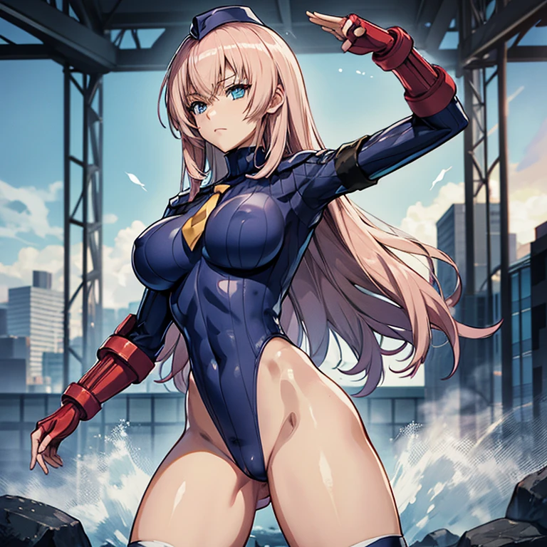 ultra-detailed, Explicit, Beautiful body, Beautiful Nose, Beautiful character design, perfect eyes, perfect face, ultra highres, 4K, beautiful legs, perfect legs, Nice hands, Perfect hand, Masterpiece, Best Quality, Highly detailed, illustration, absurdres, street fighter, doll suit, shadaloo doll, dollsuit, expressionless, blank eyes, looking at viewer, red gloves, emotionless, black latex, corrution, mind control, female combatant, full body, hypnotized, unhappy trance, full body suit, ribbed bodysuit, both arms at side, obey, perfect female body, extremely glossy latex, hypnosis, hypnoLora, empty eyes, Mind control device, poses, submissive_pose, Slave, hat, necktie, standing, standing up straight, Standing at attention, hat, yellow necktie, belt, latex, ribbed bodysuit, thighhighs, garter belt, Fighting Stance, extending the right arm from the shoulder into the air with a straightened hand, military, thigh boots, solo, Classroom of the Elite, Ichinose Honami, pink blonde hair, blue eyes, long hair, large breast