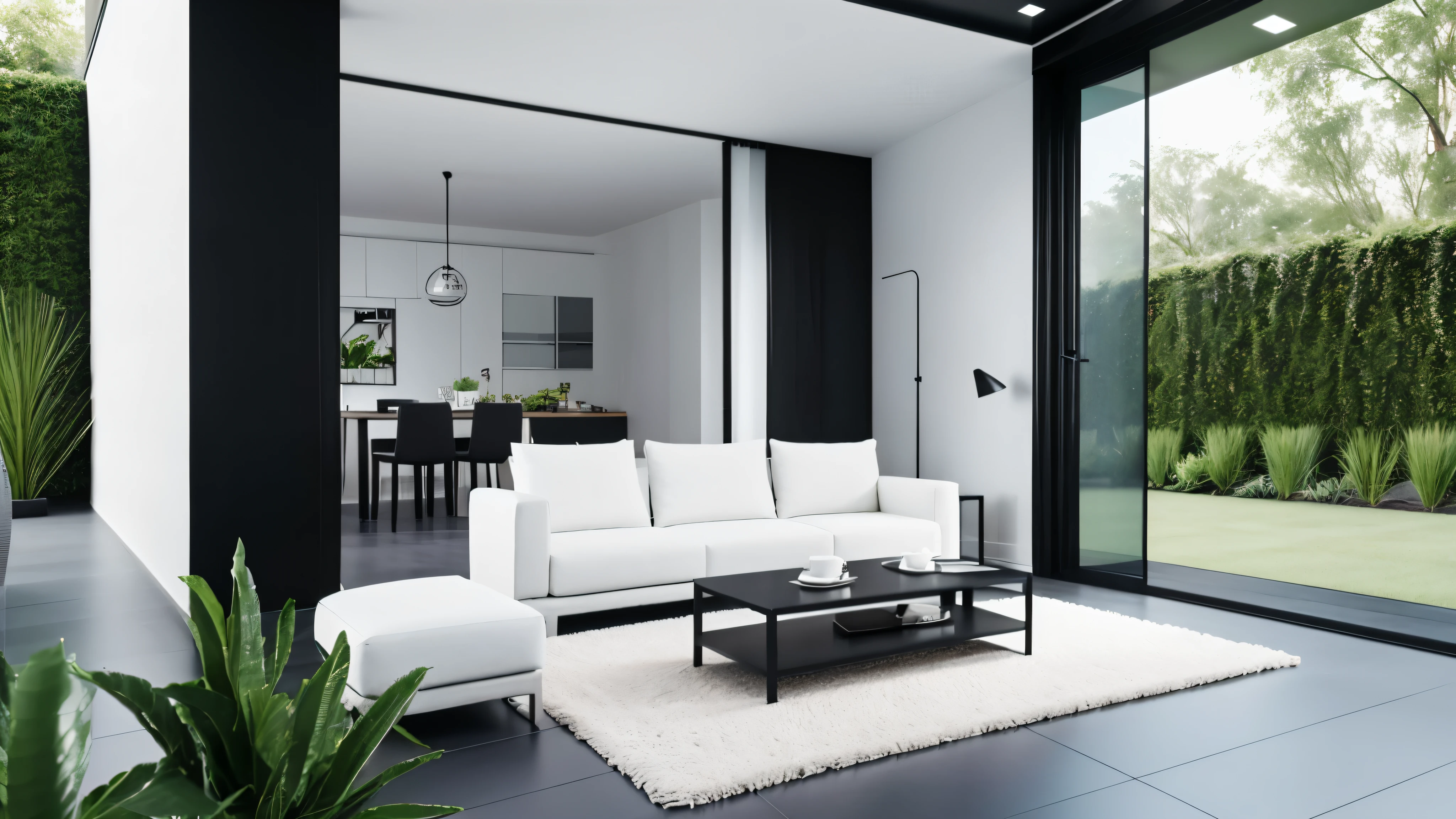You are a famous interior designer、You have been asked to create a 3D image of a modern large room. Create a harmonious environment with modern and minimalist furniture. Including garden interior.