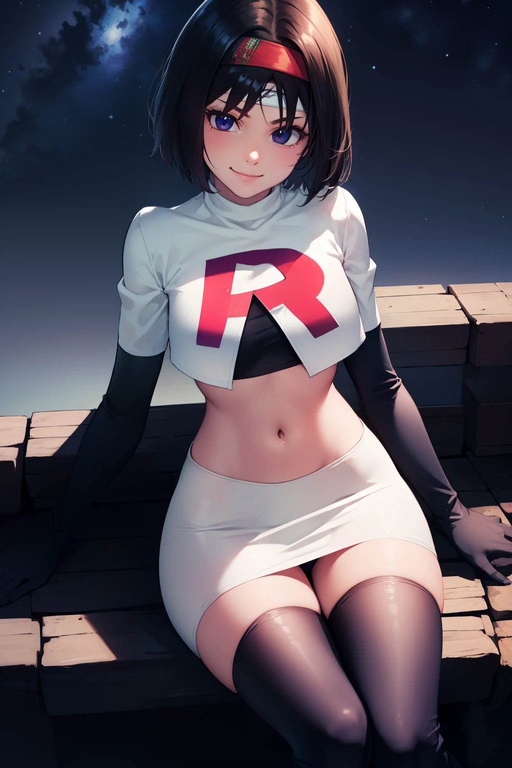 Erik, headband, short hair ,team rocket uniform, red letter R, white skirt,white crop top,black thigh-high boots, black elbow gloves, smile, looking at viewer, cowboy shot, sitting down legs crossed, night sky background