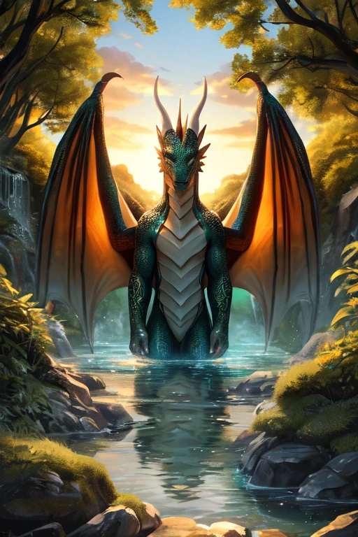 an emerald dragon bathing in a tranquil pool,waterfall cascading in the background, lush green vegetation,sparkling droplets of water splashing around,glowing scales reflecting the sunlight(bright, shimmering scales),majestic wings spread wide,creating a dramatic silhouette against the sky(reflects the sunset),rippling water surface,revealing the dragon's shadow beneath(reflective surface),steam rises from the warm water's surface,making the scene mystical and enchanting,magical golden light illuminating the surrounding area, as if a portal to another world,creating an ethereal, otherworldly atmosphere,detailed dragon eyes, filled with wisdom and mystery,creating an intense connection with the viewer(detailed, expressive eyes)，the dragon's sleek body covered in intricate patterns(ornate, intricate patterns),heavy clouds of mist embracing the dragon's powerful form,adding a touch of mystery(to the scene),the sound of water gently echoing through the peaceful surroundings, inviting serenity and relaxation(best quality,4k,8k,highres,masterpiece:1.2),ultra-detailed,(realistic,photorealistic,photo-realistic:1.37),lush and vibrant color palette,painting-like textures and brushstrokes,warm and soft lighting, illuminating the scene softly