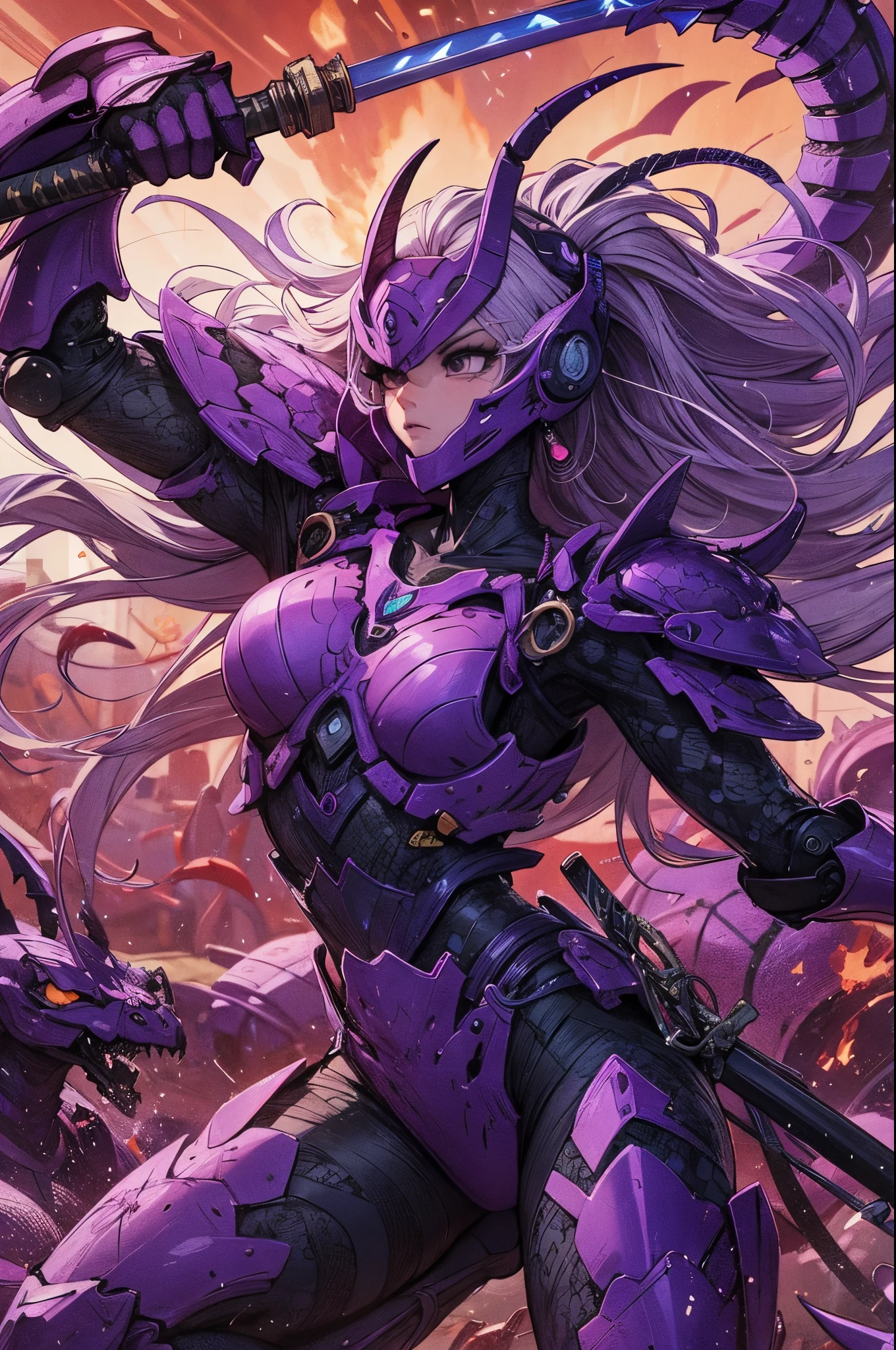 (Detailed illustrations,Very detailed and detailed drawing,Delicate lines with slow and rapid,Realistic texture expression),[Color tressed main line],(Fantasy World Battlefield Background [Burning castle]),(GIRL ROBOT 16yo (purple scorpion[METALFACE]) (SKINNY)) [WEAPON MACHINE],((NINJA Sengoku Armor))[stall],[[poisonous scorpion pattern]],[Use a ninja sword as a weapon],[[Mobile Weapon Gigant Size][Science Fiction Mechanical]],[Clear purple translucent shell that covers the body surface],(Intricate and beautiful decoration [Dense detail]),[transparency],(Precisely drawn face)[完璧な目のdetailed(Iris beautifully drawn in every detail)[Jewel-like eyes]],[long and beautiful eyelashes],[Meticulously drawn hair [美しく艷やかな髪のdetailed]],(完璧な手のdetailed [Beautiful fingers without breakdowns [Beautiful nails]]),(Perfect Anatomy(Perfectly proportioned))[[full body portrait]],[Ideal color coordination(Accurate simulation of light-material interactions)],([Precision Detail](detailed,High definition)),[Visual art that conveys a sense of narrative].