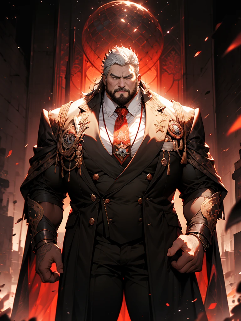 old man, bara,king, thick body,fat,ornate double-breasted suit,long tie,luxury,devil crown,white beard,short white hair,handsome,big chest, sharp gaze, in cage,glowing red eyes,big eyes, big bulge, standing, hide hands behind hip, hd quality, masterpiece, extremely detailed, looking to the viewer, perspective view, UHD, 64k, unreal.(highly detailed skin), (detailed face), detailed background, dark lighting, twilight lighting, volumetric lighting, intricate details, UHD, evil, corrupted
