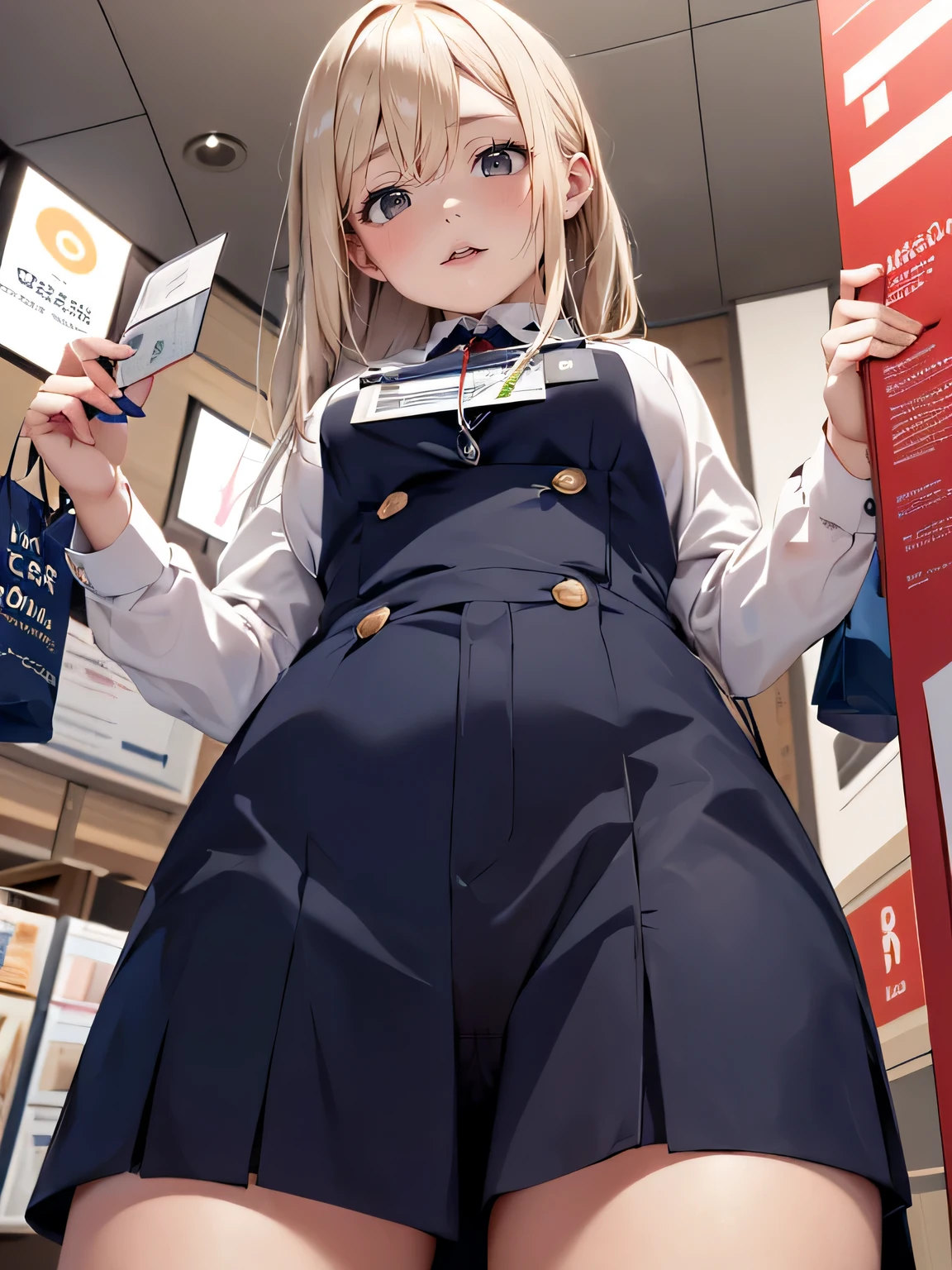 (((using only 128 colors))), drooping eyes, realistic skin, angle from below, clerk uniform, name plate, ID card, at a department store, customers, showing off her panties that were designed for adults,