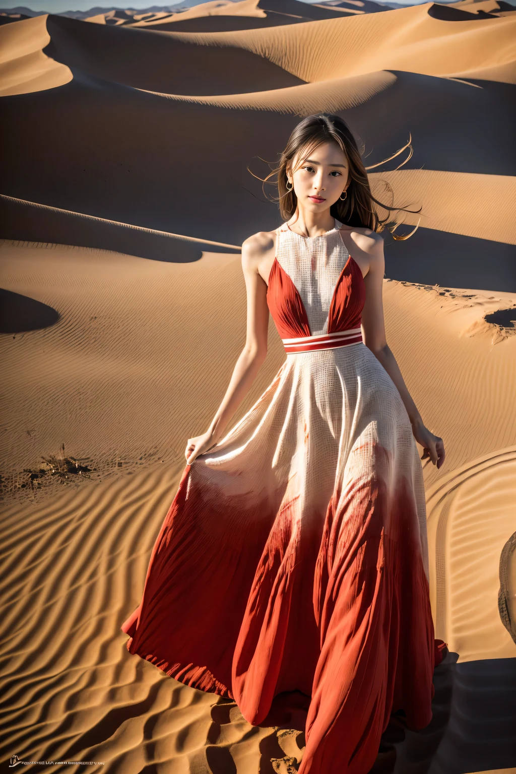  red skin, yellow eyes, long black hair, wearing  red dress with thin cloth carried by the wind, walking on the desert