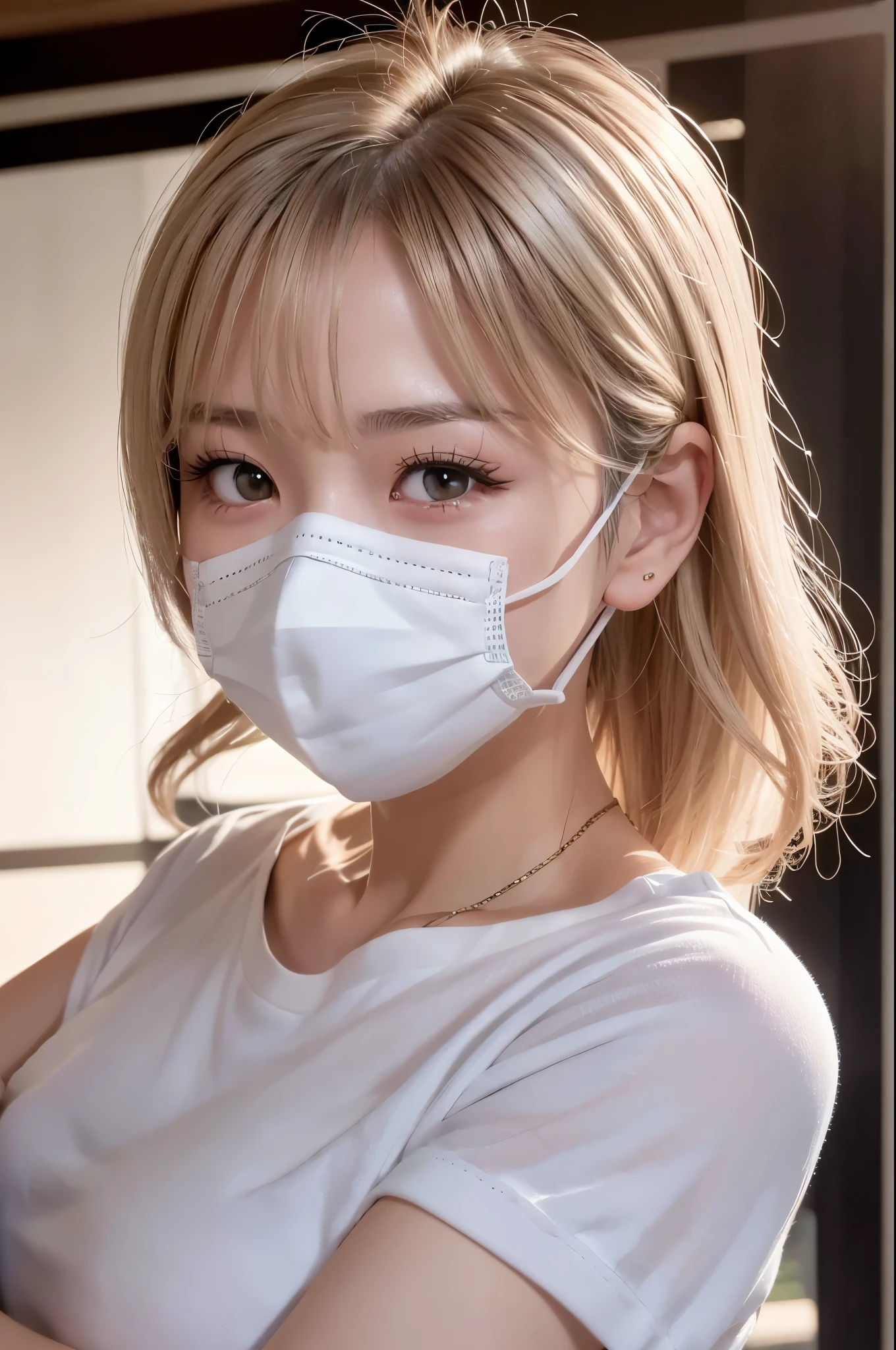 Asian, beautiful, thin, cute, 30 generations, beautiful face, beautiful skin, actress, mature, upper body whole body, light brown hair, definition hair, live action, muste piece, highest quality, Highly detailed CG Unity 8K wallpaper, ultra high resolution, Casual Fashion, lit, Summer Fashion, (natural brown hair: 0.8), (puffy eyes), looking at audience, turn around, Bleach Hair, model pose, white background, Delicate skin type, thin巻き毛, Hands around the mouth, white t-shirt, Hair model photography,Moist eyes、very big breasts、(White Face Mask:1.4)