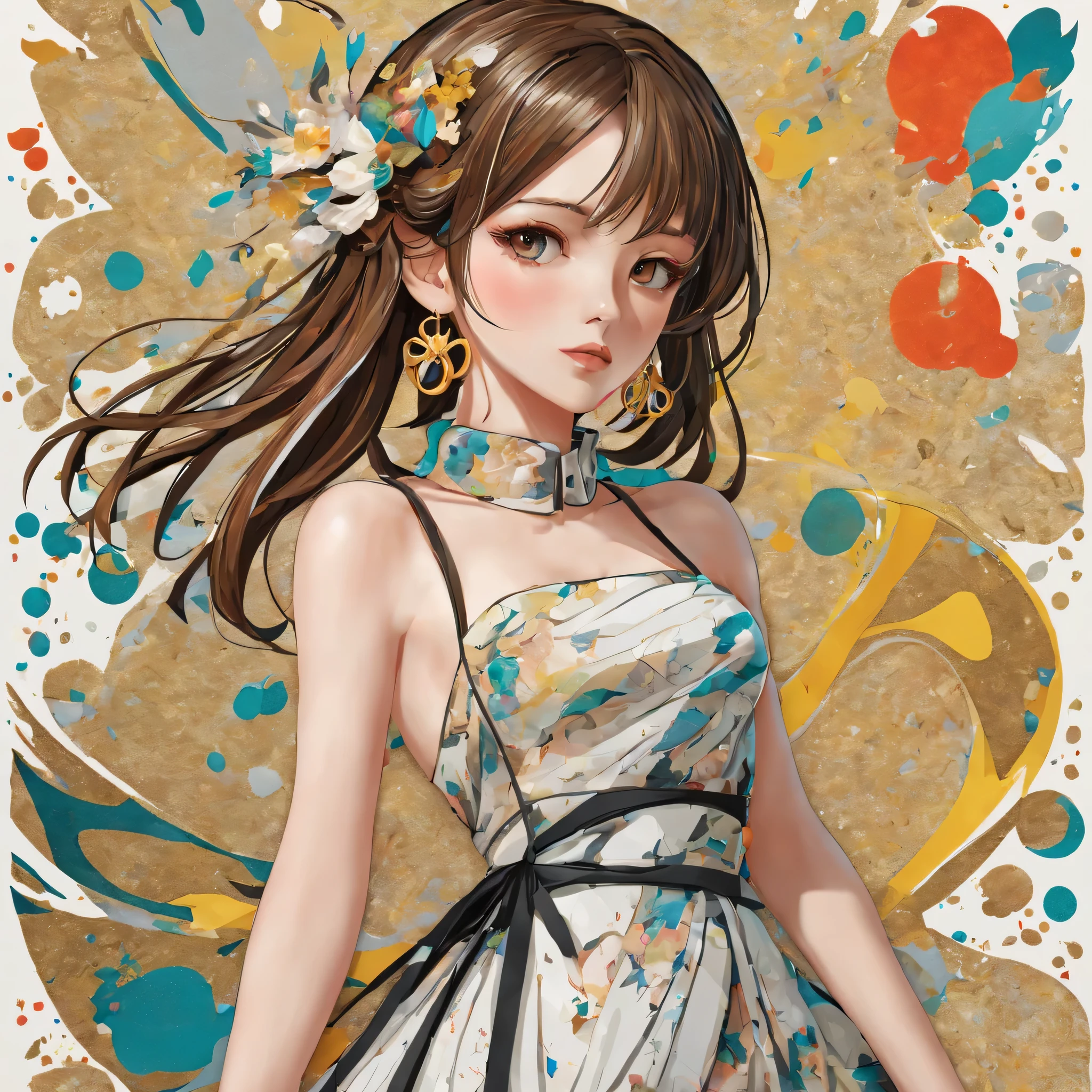 (a sticker,),(3D anime girl),dress, elegance,beautyful face,(In circlerown background), (pollock border)(oil painting style), ultra - detailed, best quality, Detailed diagram, vectorized, 8K, 专业a sticker设计, Graphic design, vector lines, a sticker, Full-HD