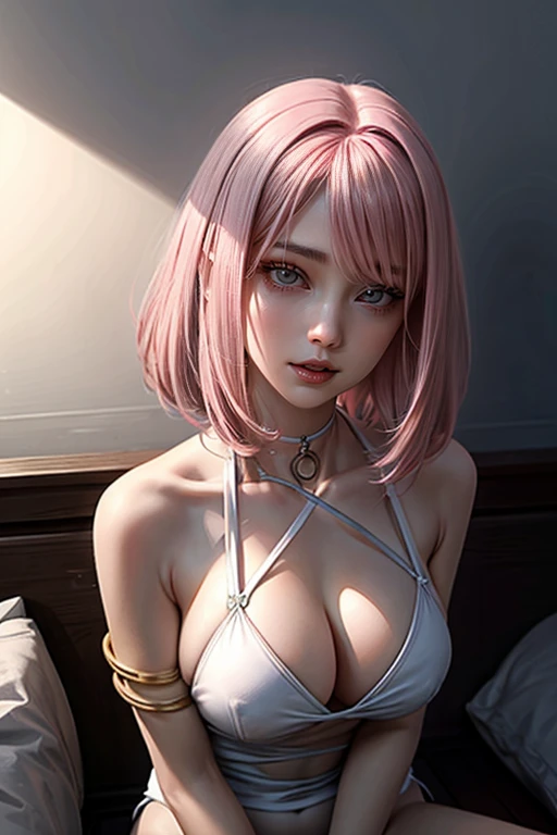 (highest quality, High resolution, muste piece:1.2), super detailed, realistic:1.37, pink hair, bob hair, sleepy eyes, beautiful and detailed eyes, beautiful and detailed lips, smile, choker, woman、she has a very big and beautiful bust.。Swimsuit made by Chelle Body Esbian、eyes are slightly upward、Eyes turn towards the whites of the eyes、Open your mouth so wide it hurts、open your legs wide、Put your butt on the ground、Touch your private parts with your hands Turn your knees outward、push your lower body forward、