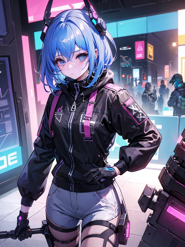 1girl, andromeda, cyberpunk exoskeleton, battle, cyberpunk headgear, holding weapon,