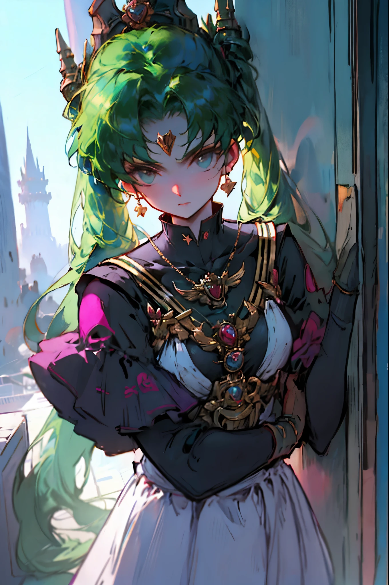 Black Kakalot Female, Green Hair, Look at Viewer, ancient tower
