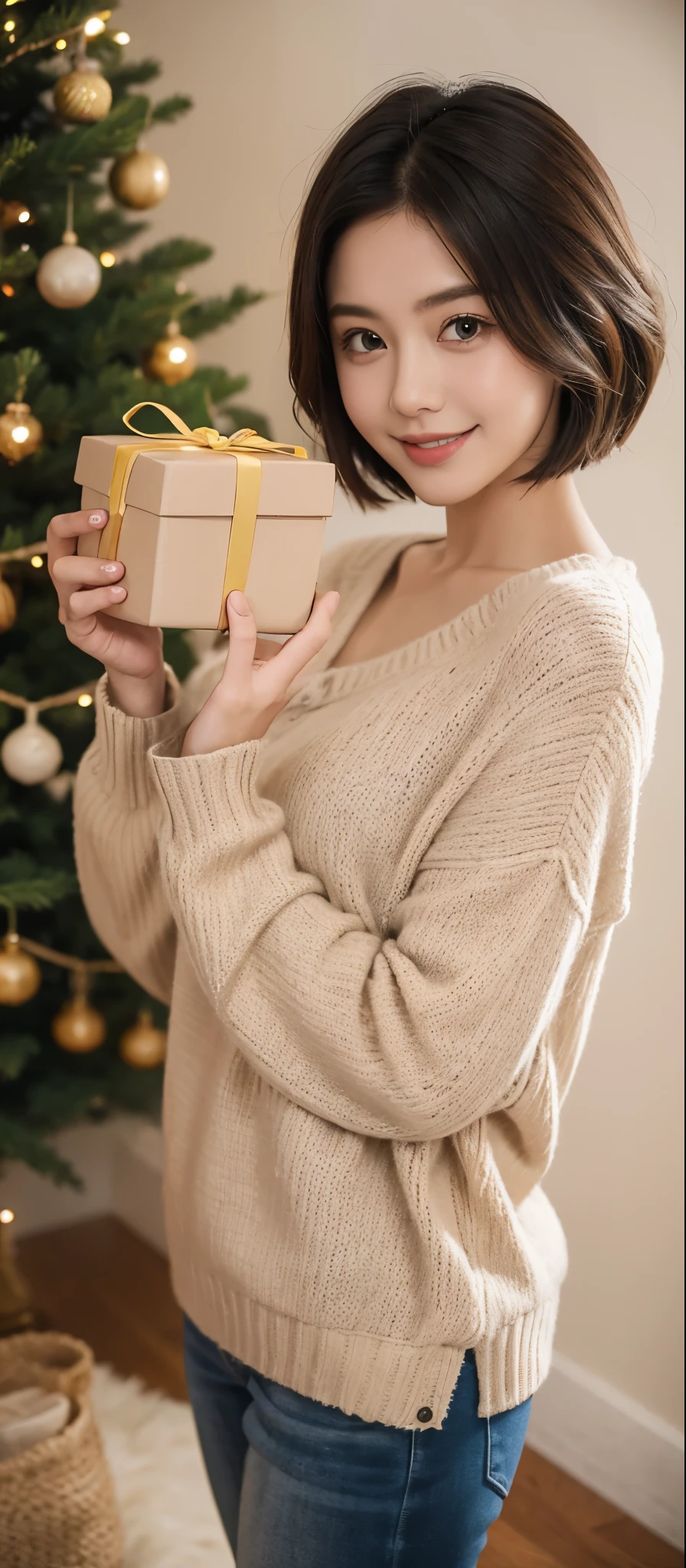 A gentle and lovely girl,Short hair details,Smile,front,sweater,long trouserust,Standing posture,facing the camera,Holding big gift box,Photography,high quality,