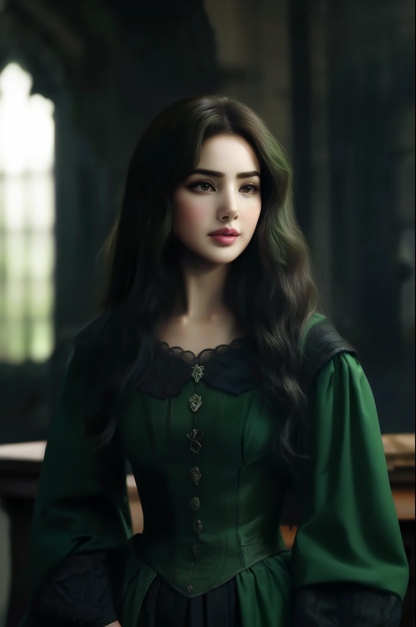 Mujer arafed con un vestido verde posando para una foto., olivia culpo al invierno milady, as a medieval fantasy character, maravilloso cabello oscuro, yenfer of vengerberg, yenfer, ella lleva un vestido verde oscuro, Ana de Armas como Juana de Arco, ropa adornada de color verde oscuro, mujer hermosa, muy hermosa top model elfa