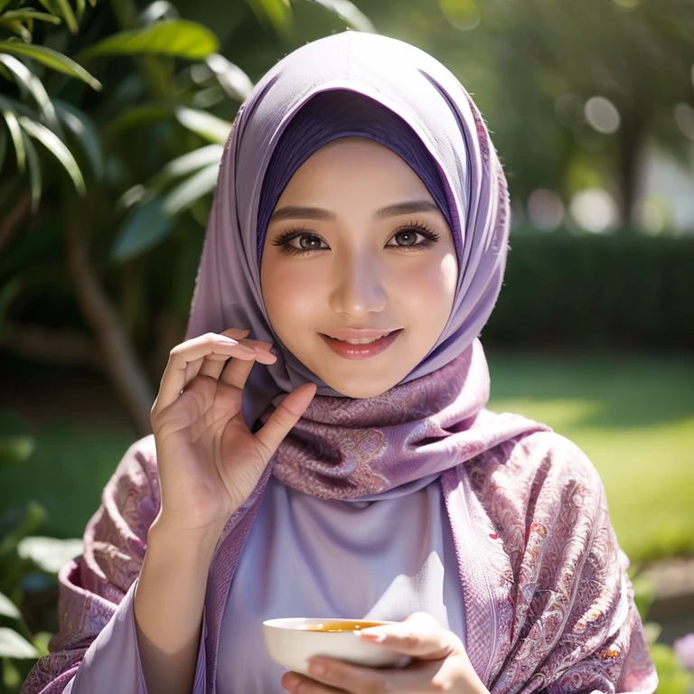 close up, a stunningly beautiful muslimah wearing shawl and malay baju kurung, having tea in a beautiful garden with a friend, smiling happlily, 8K, absurdres, photorealistic, sharp focus, light bokeh, masterpiece, perfect beautiful face, perfect fingers, perfect body