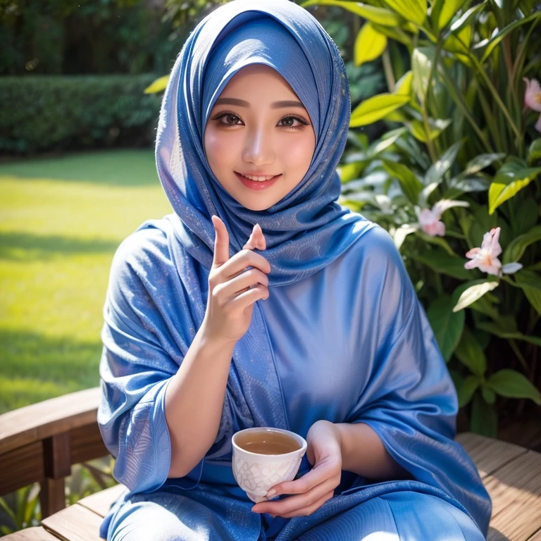 close up, a stunningly beautiful muslimah wearing shawl and malay baju kurung, having tea in a beautiful garden with a friend, smiling happlily, 8K, absurdres, photorealistic, sharp focus, light bokeh, masterpiece, perfect beautiful face, perfect fingers, perfect body