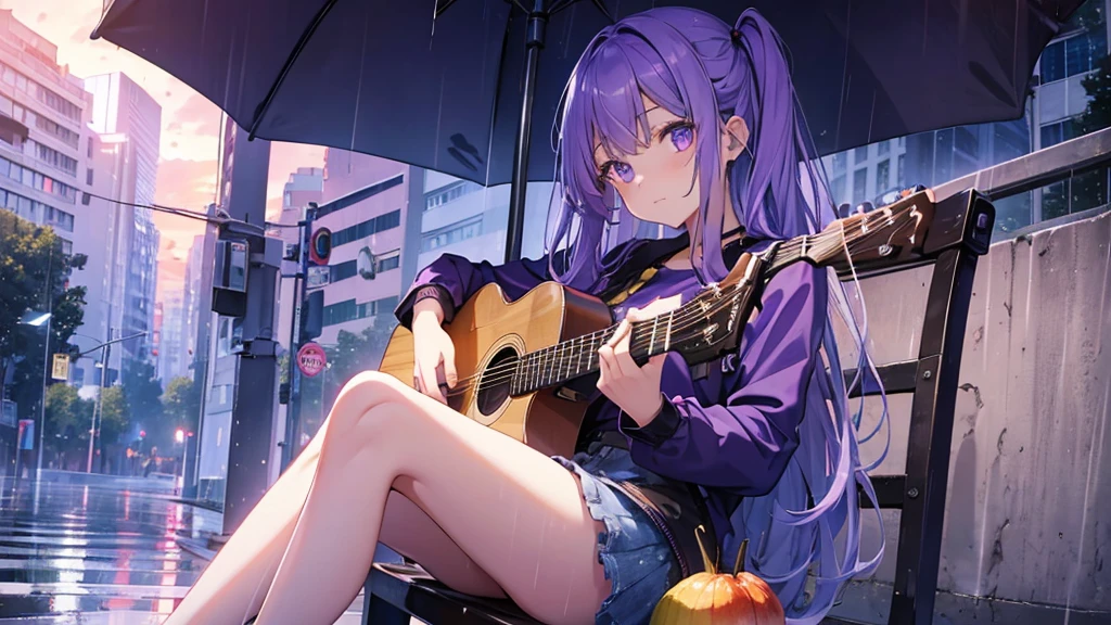 1 girl, purple blue hari, purple bright ayes, long hair, casual glory shirt, with a bangs, playing gitar, under the rain and sit on a chair in the middle of an empty city when sunset comes, beauty faces